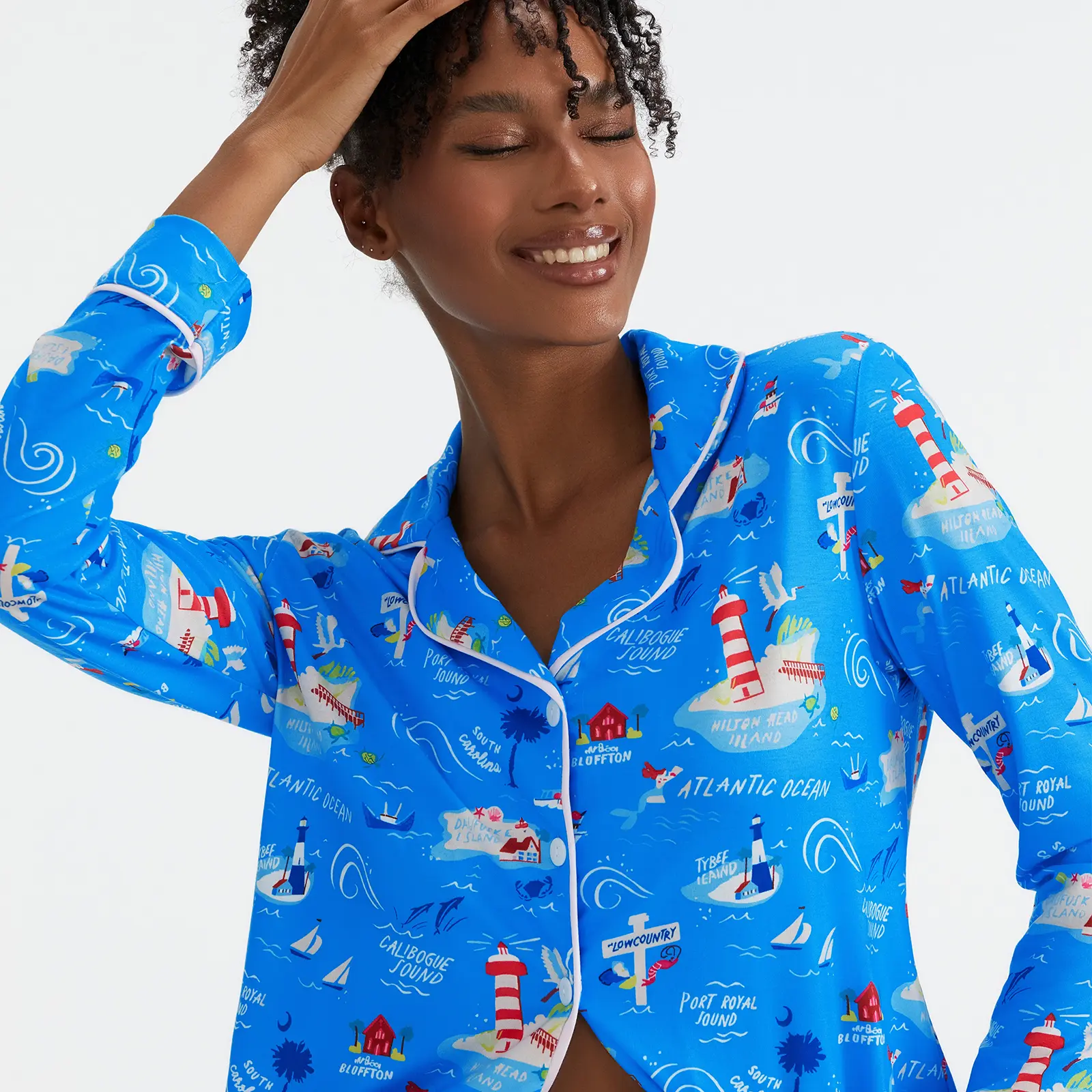 New Women's 2 Piece Lounge Set, Tree Print Lapel Neck Long Sleeve Button Down Soft Tops Drawstring Shorts Pajama Outfit