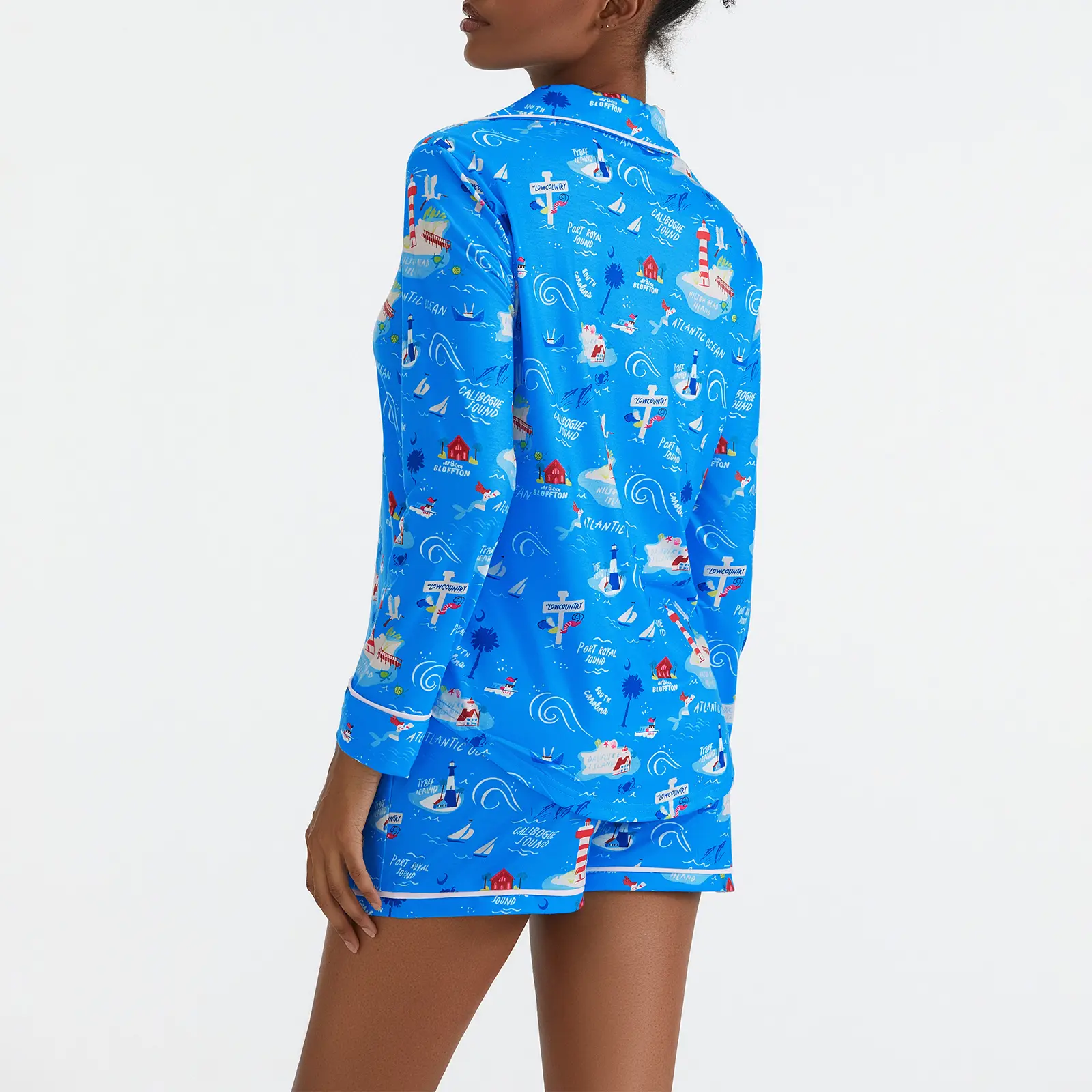 New Women's 2 Piece Lounge Set, Tree Print Lapel Neck Long Sleeve Button Down Soft Tops Drawstring Shorts Pajama Outfit