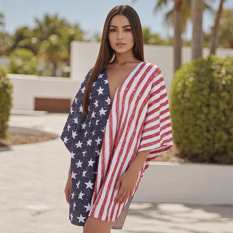 Mommy and Me Matching Beach Cover Up 4th of July Stripe Star Print Short Sleeve Open Front Cardigan Family Matching Outfits