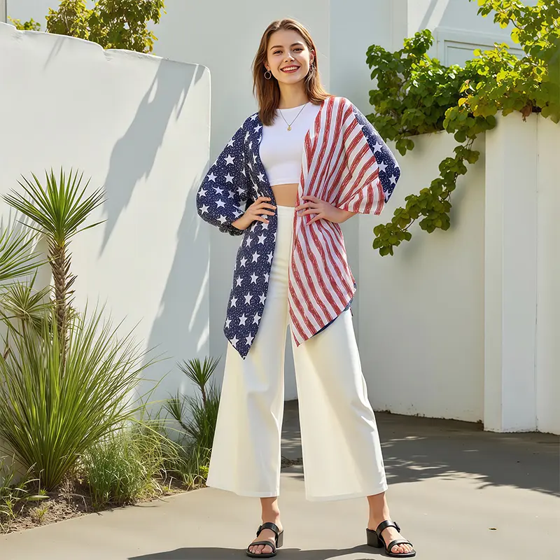 Mommy and Me Matching Beach Cover Up 4th of July Stripe Star Print Short Sleeve Open Front Cardigan Family Matching Outfits