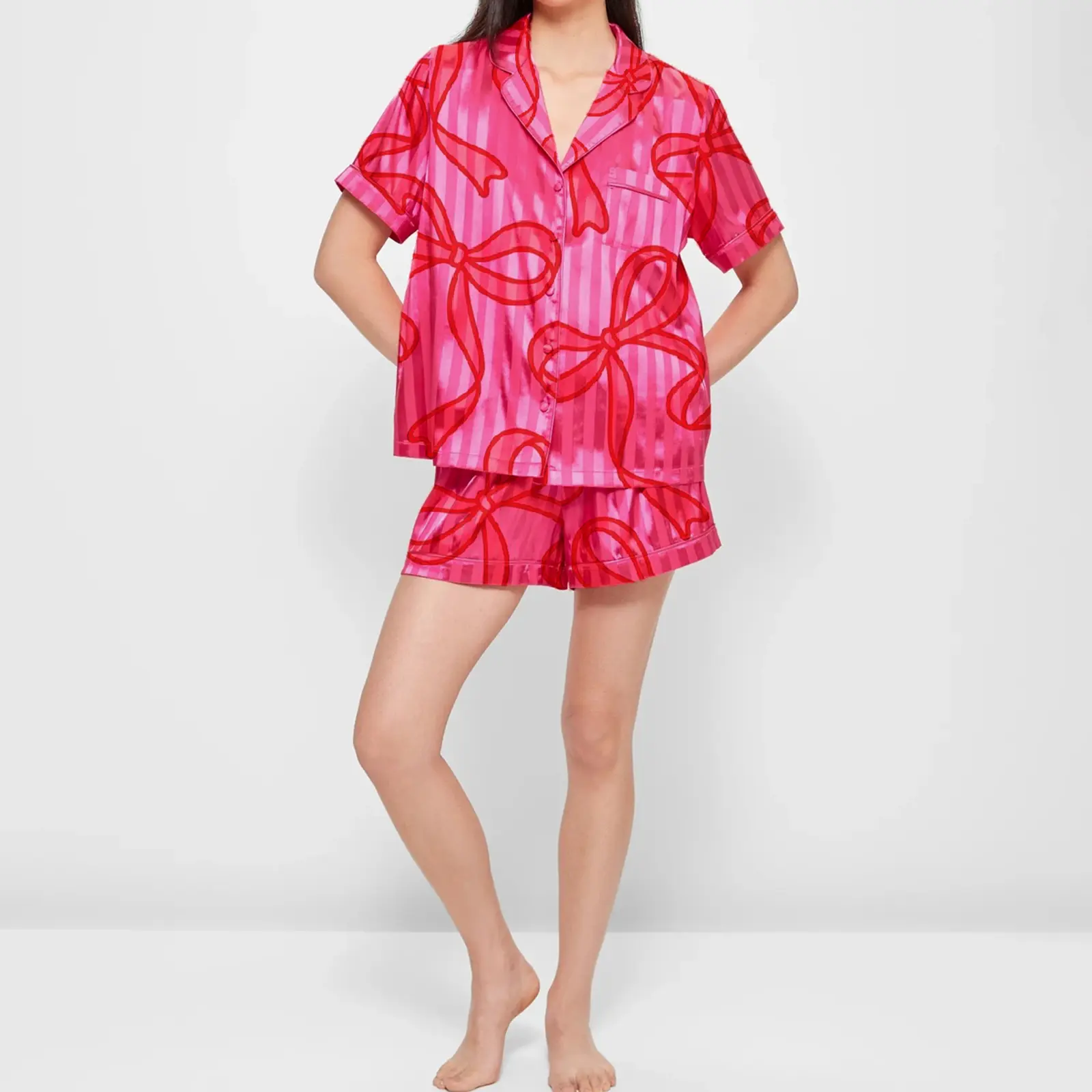Women Short Pajama Set Heart Bow Print Lapel Neck Button-up Short Sleeve Tops Shorts 2-Piece Loungewear Outfit