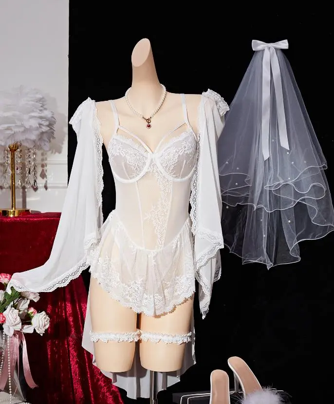 Women's Bridal Lingerie Set Sheer Mesh Lace Babydoll Dress Sleeves Garters and Veil 4 Pcs Set Wedding Lingerie