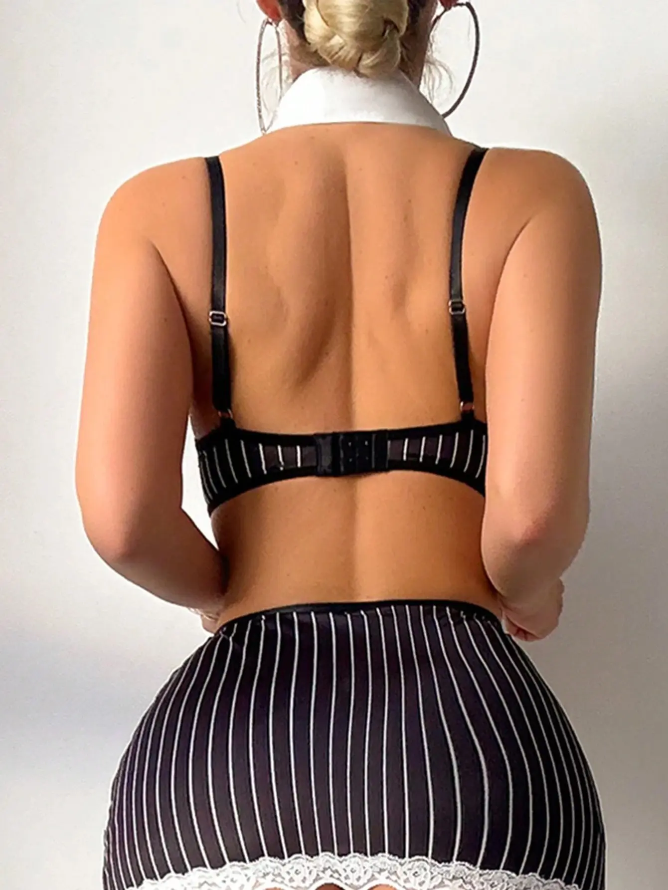 Women Lingerie Set, Striped Bra with Mini Skirt Briefs Fishnet Stockings Necktie Underwear Set