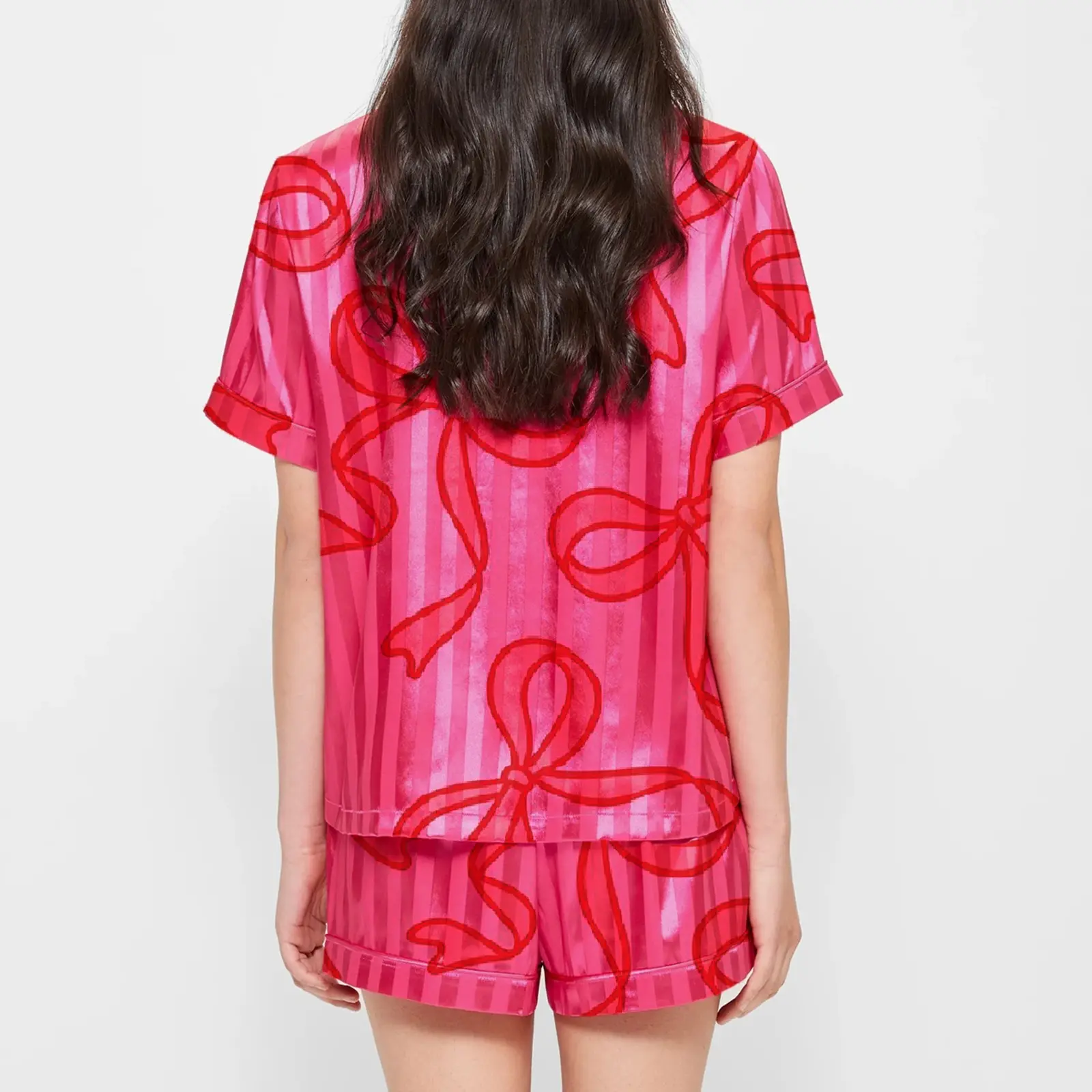 Women Short Pajama Set Heart Bow Print Lapel Neck Button-up Short Sleeve Tops Shorts 2-Piece Loungewear Outfit