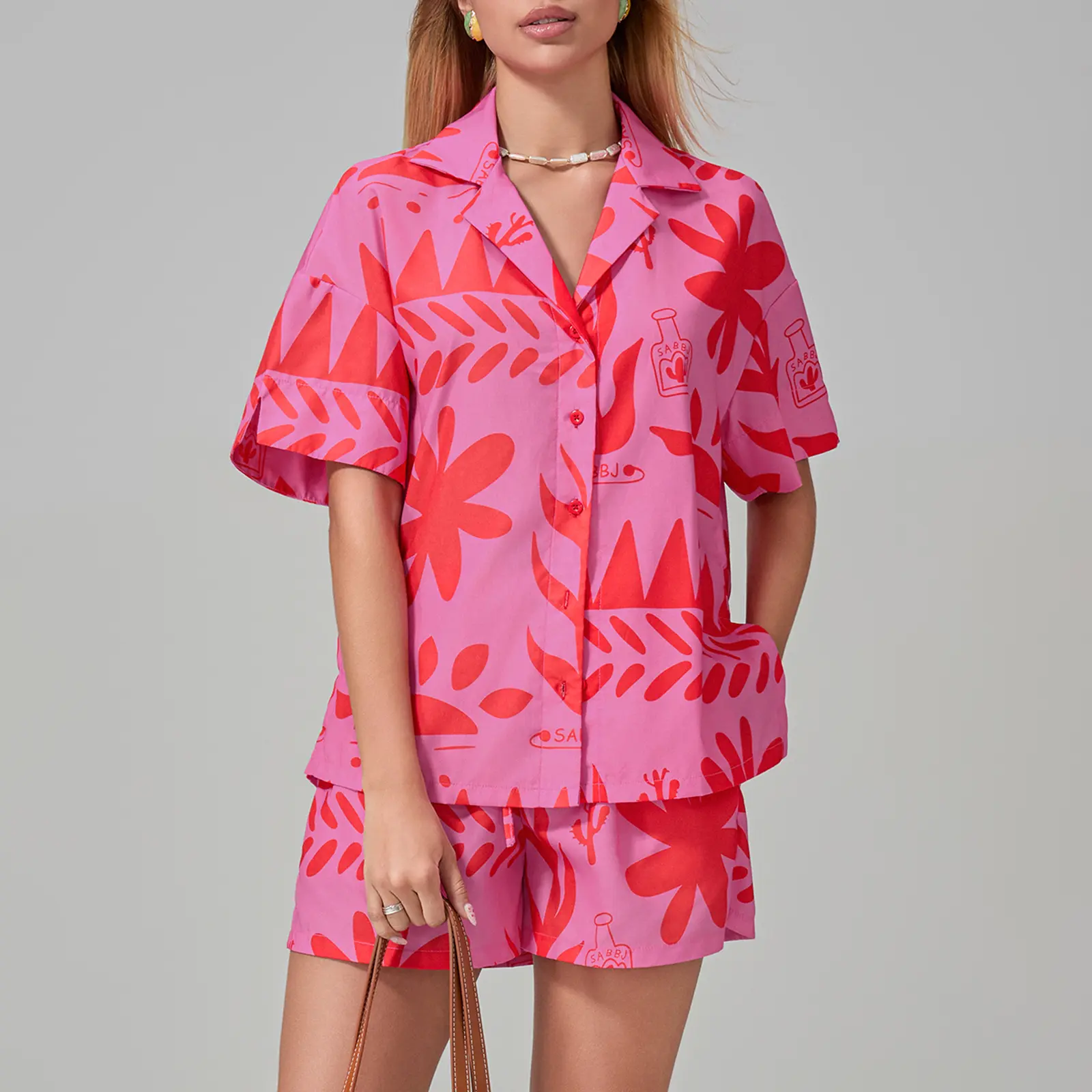 Women Shorts Set, Printed Short Sleeve Shirt with Elastic Waist Shorts Summer Outfit