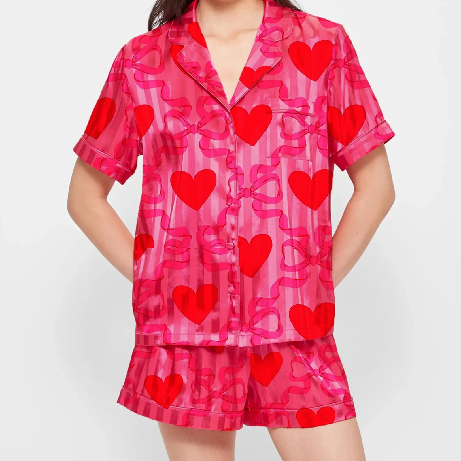 Women Short Pajama Set Heart Bow Print Lapel Neck Button-up Short Sleeve Tops Shorts 2-Piece Loungewear Outfit