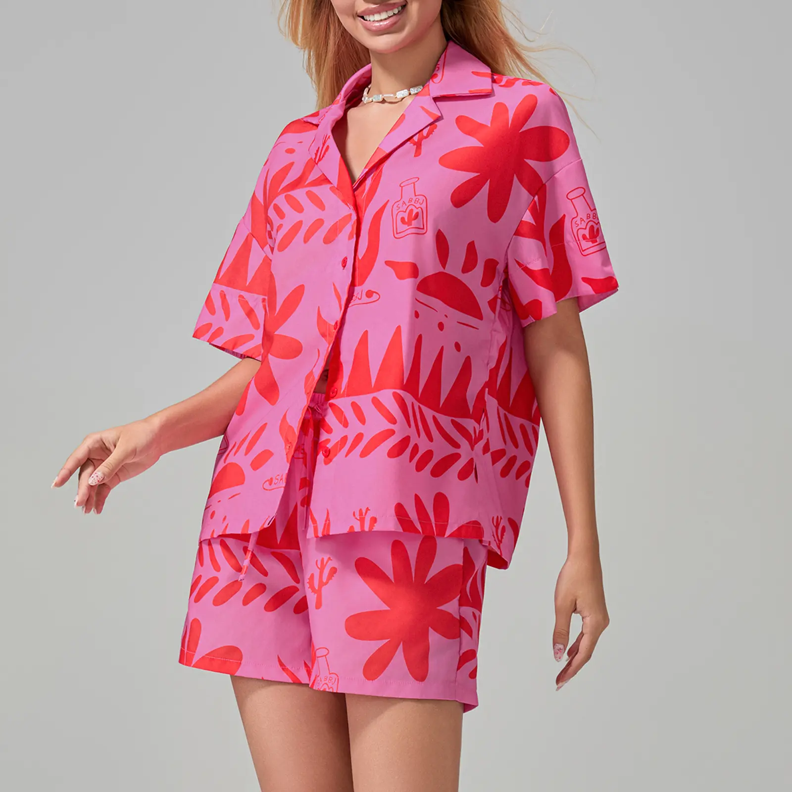 Women Shorts Set, Printed Short Sleeve Shirt with Elastic Waist Shorts Summer Outfit