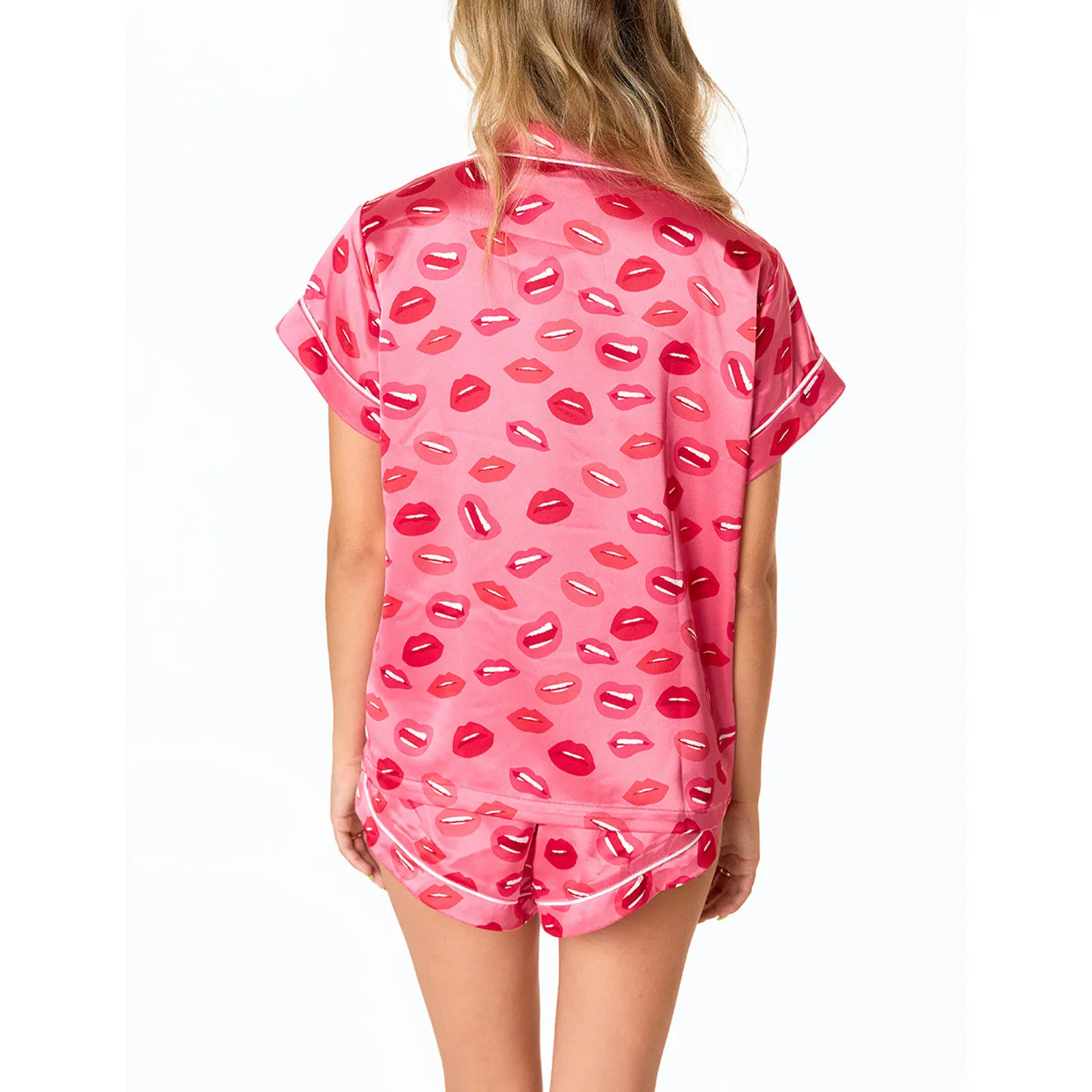 Women Pajama Set, Lips/Heart Print Short Sleeve Button Closure Shirt with Shorts Sleepwear Loungewear