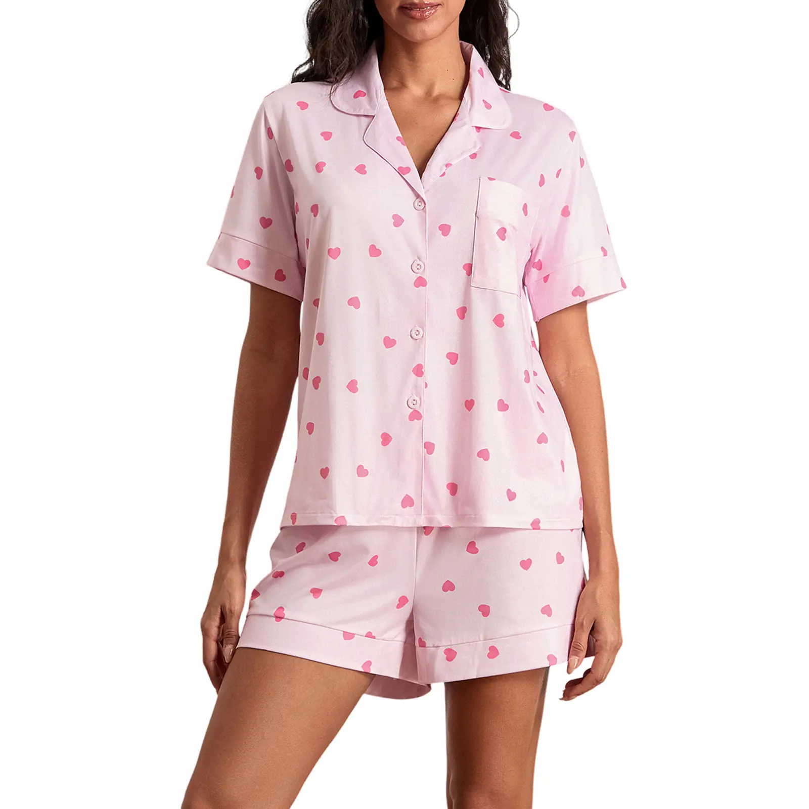 Women's Valentine's Day Loungewear Set Heart Print Short Sleeve Lapel Button Down Tops Shorts Sleepwear