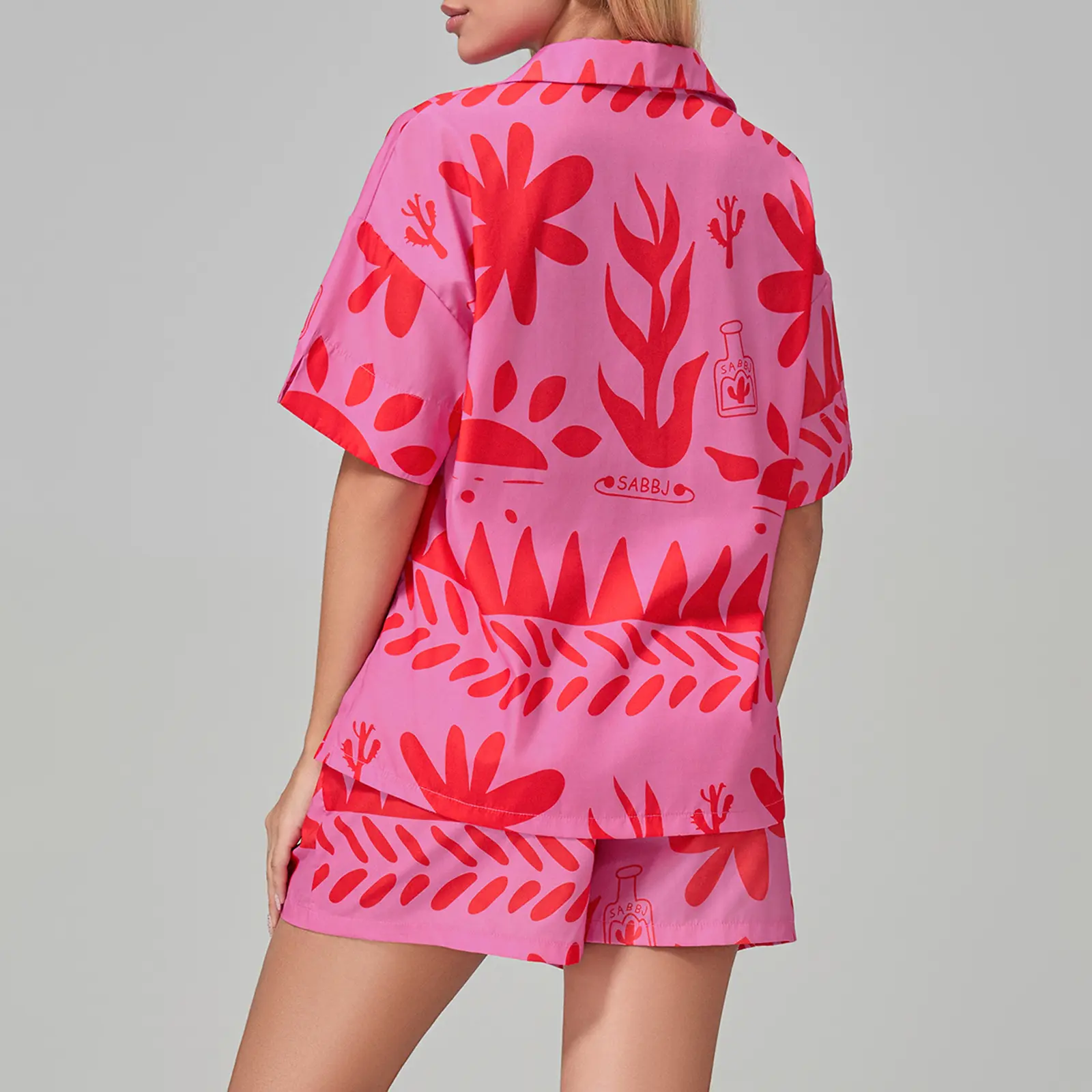 Women Shorts Set, Printed Short Sleeve Shirt with Elastic Waist Shorts Summer Outfit