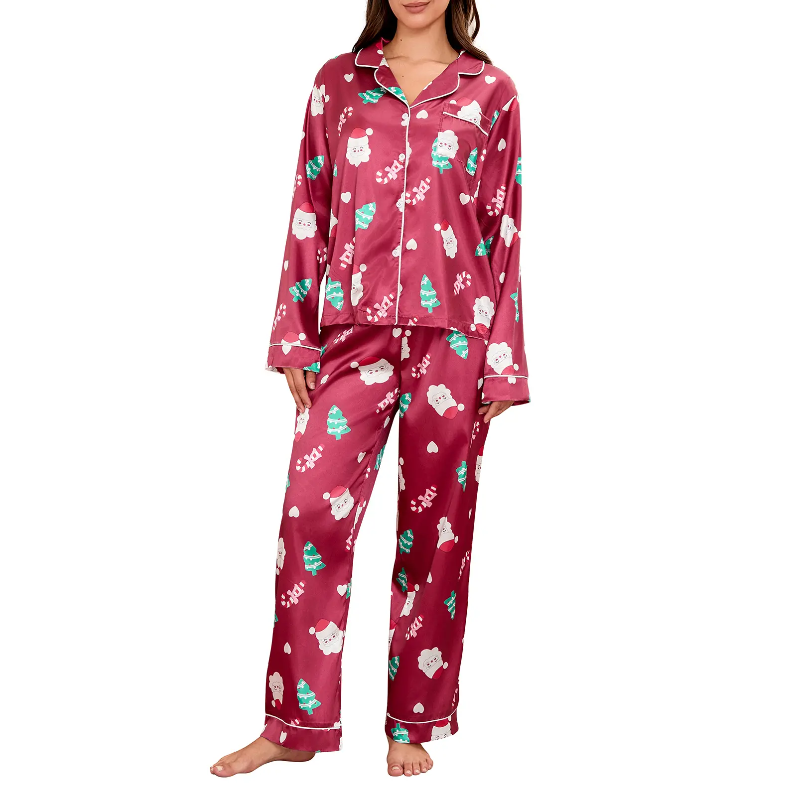 Women's Christmas Pajamas Set Snowman/Santa Print Long Sleeve Lapel Button Tops with Long Pants Satin Loungewear