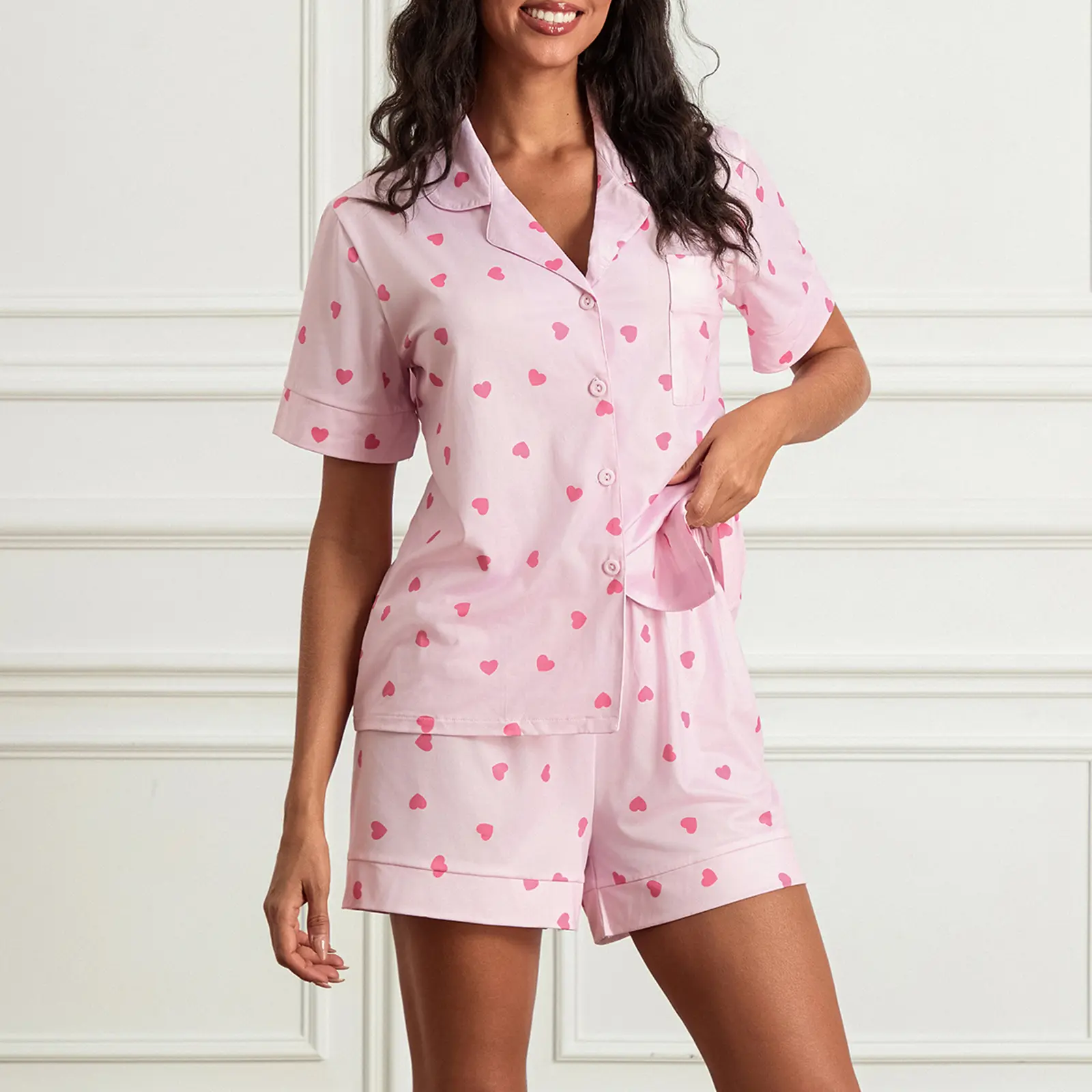 Women's Valentine's Day Loungewear Set Heart Print Short Sleeve Lapel Button Down Tops Shorts Sleepwear