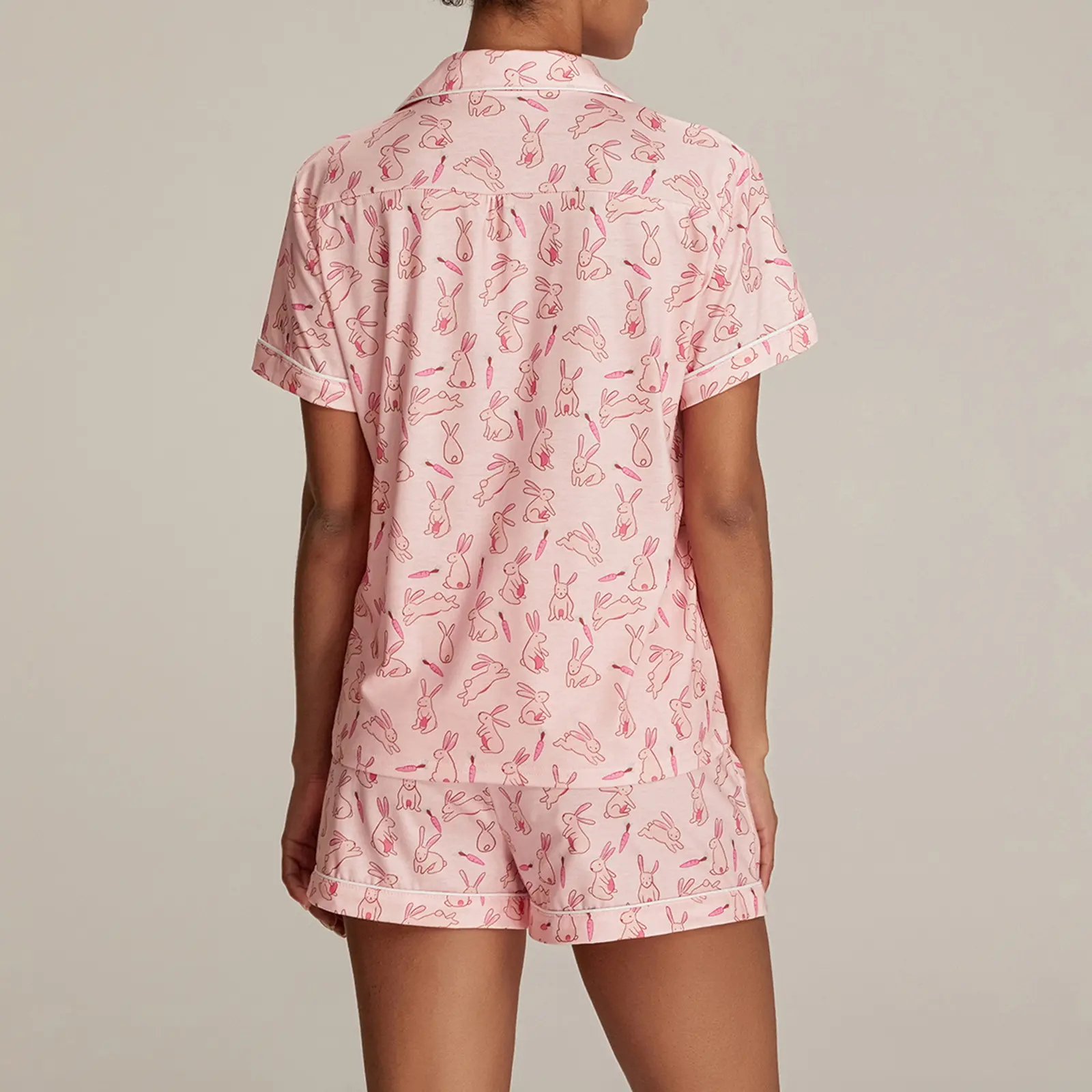 Women Casual 2 Piece Pajama Set Bunny Print Button T-Shirt and Elastic Shorts for Loungewear Soft Sleepwear for Nightwear
