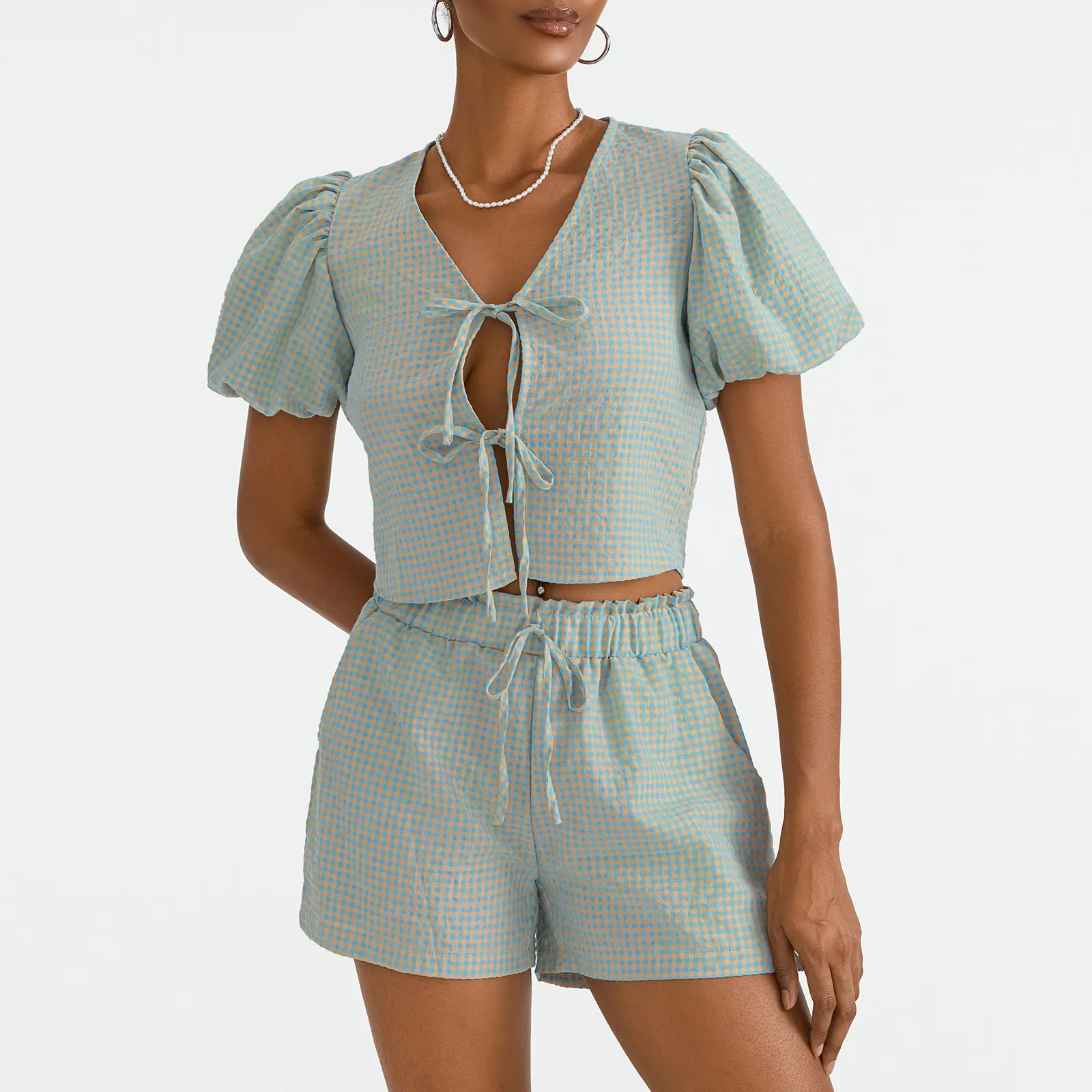 Women's Plaid Outfit, V Neck Puff Sleeve Tie-Up Crop Tops Elastic Waist Shorts with Pockets 2 Piece Summer Set