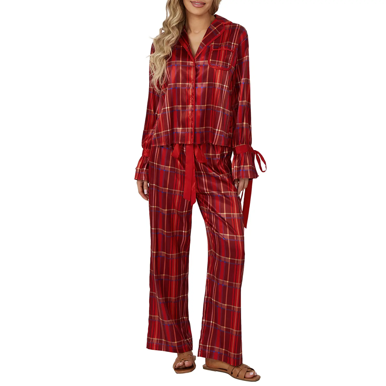 Women's Plaid Pajama Set, Long Sleeve Lapel Neck Button Down Tops + Elastic Waist Pants 2 Piece Holiday Pajama Set