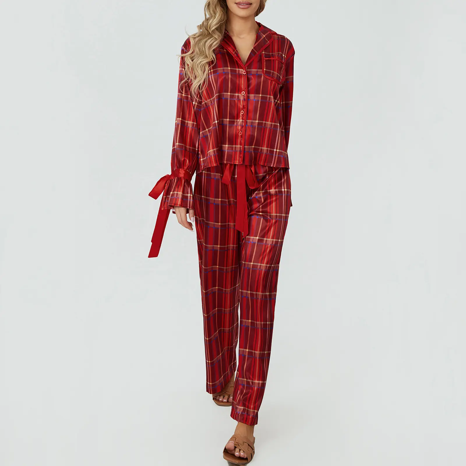 Women's Plaid Pajama Set, Long Sleeve Lapel Neck Button Down Tops + Elastic Waist Pants 2 Piece Holiday Pajama Set