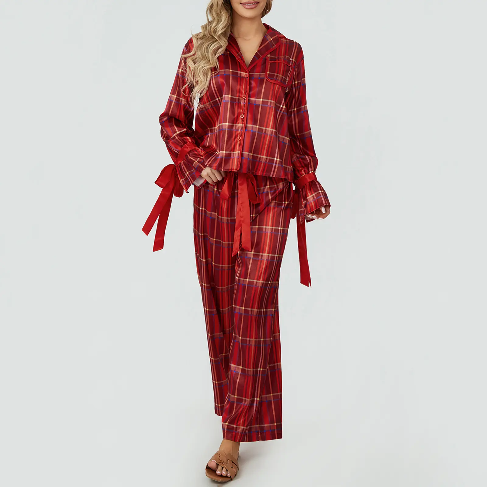 Women's Plaid Pajama Set, Long Sleeve Lapel Neck Button Down Tops + Elastic Waist Pants 2 Piece Holiday Pajama Set