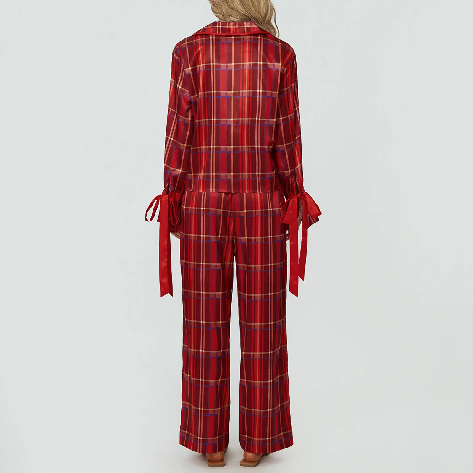 Women's Plaid Pajama Set, Long Sleeve Lapel Neck Button Down Tops + Elastic Waist Pants 2 Piece Holiday Pajama Set