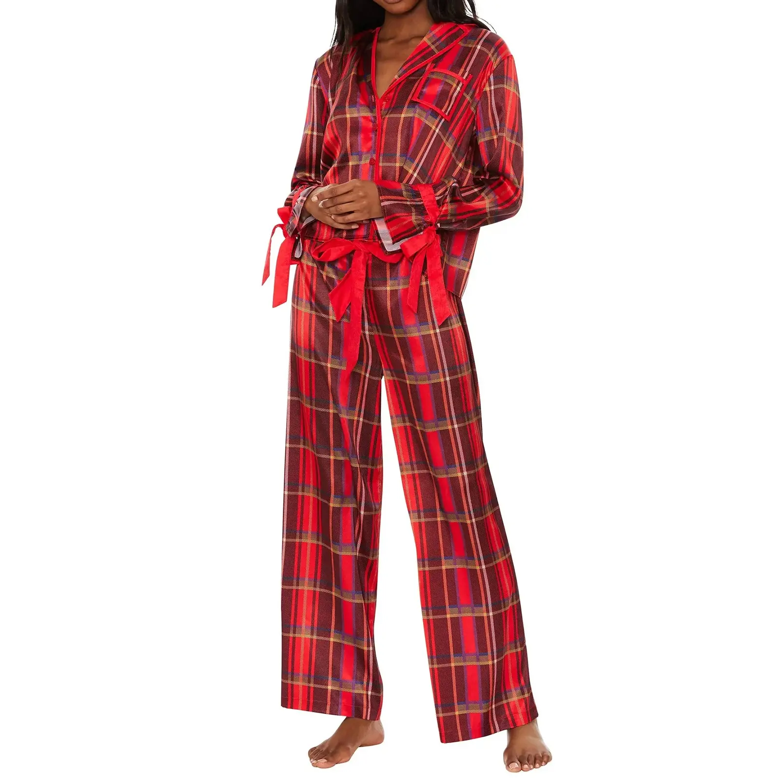 Women's Plaid Pajama Set, Long Sleeve Lapel Neck Button Down Tops + Elastic Waist Pants 2 Piece Holiday Pajama Set