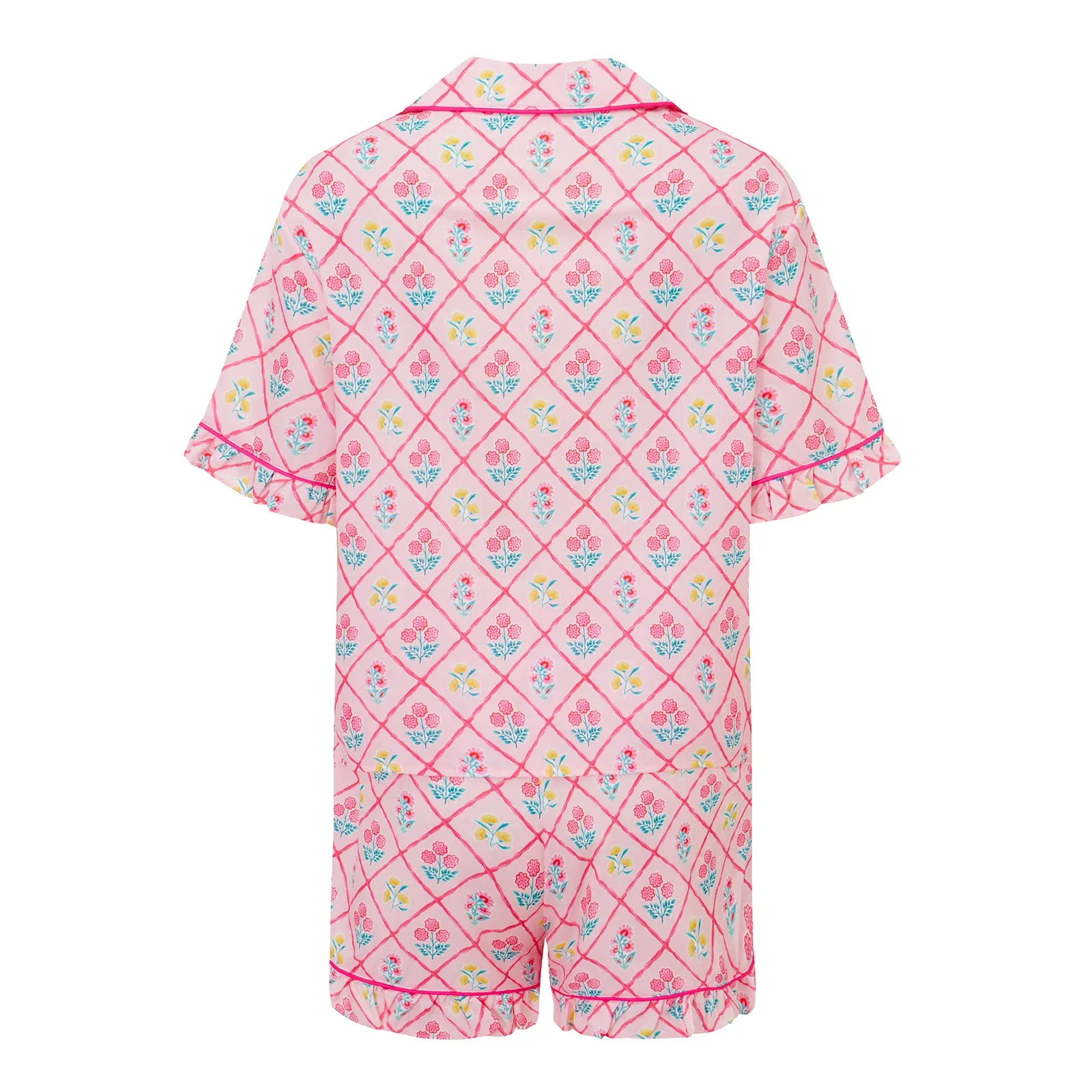Women's Summer Loungewear Set Floral Print Short Sleeve Lapel Button Down Tops with Ruffled Shorts Sleepwear