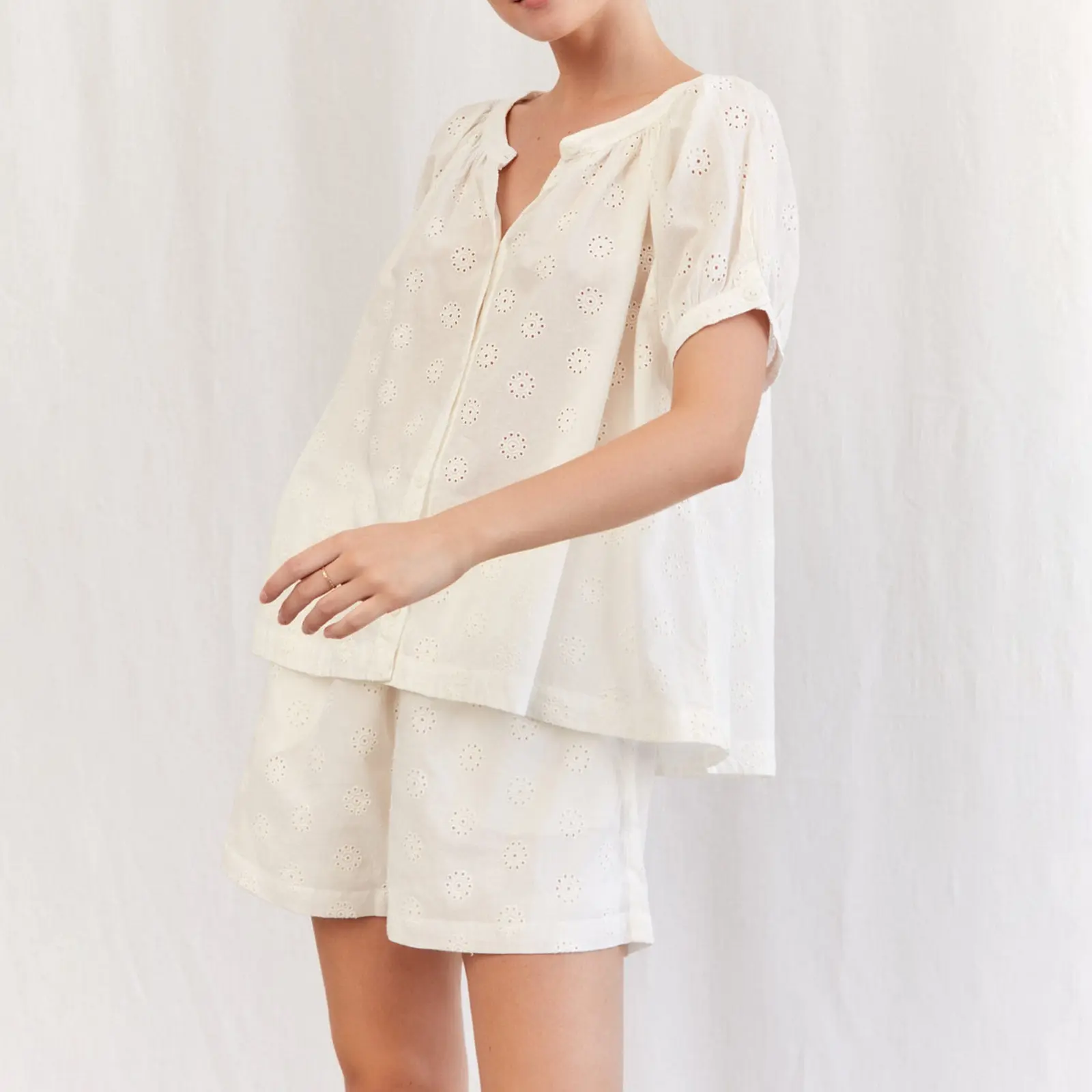 Women’s Summer Pajama Set, Round Neck Button Down Short Sleeve Tops + Elastic Waist Shorts 2 Pieces Lounge Sleepwear Set