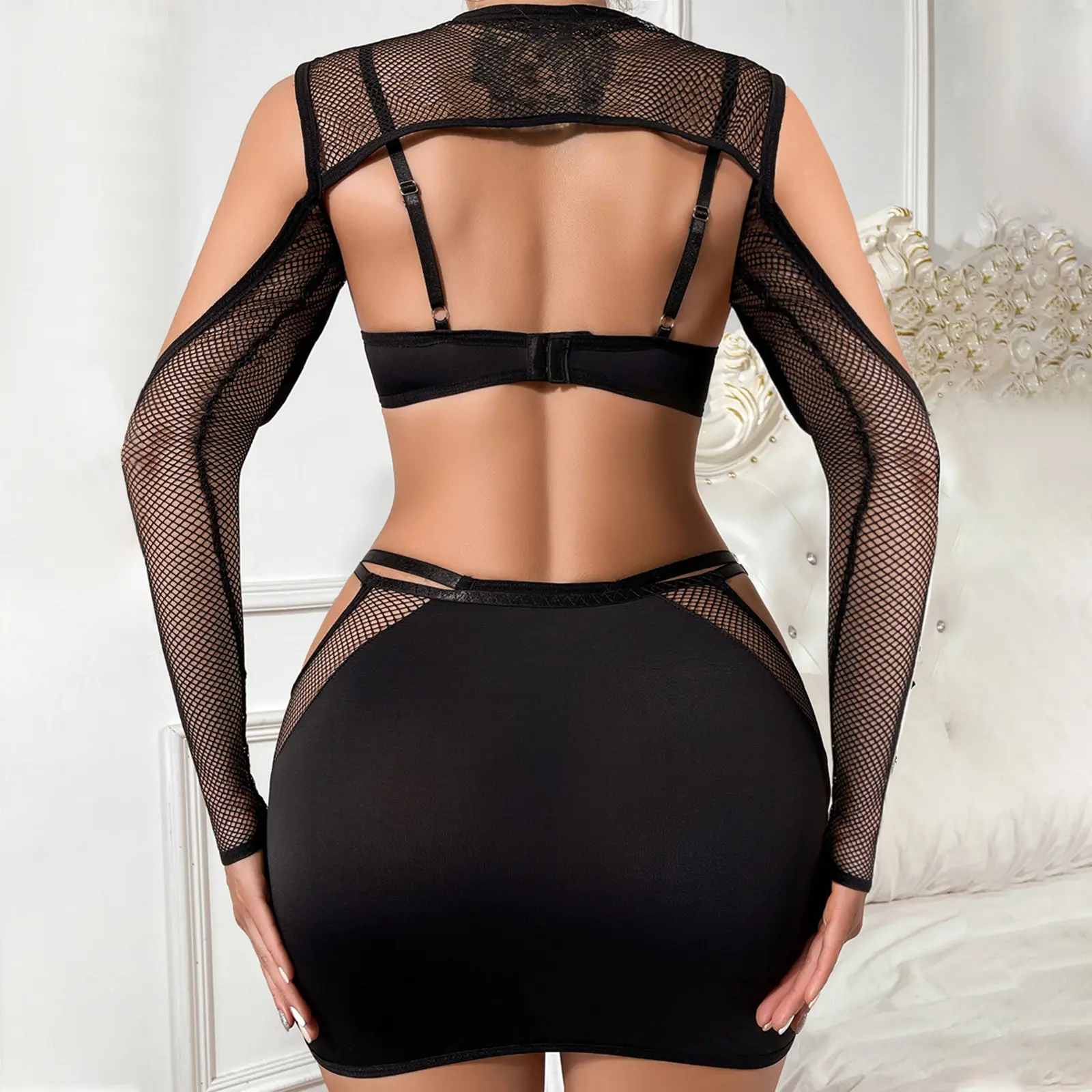 Women's Mesh Fishnet Lingerie Outfits Cutout Bra + Thong + Long Sleeve Cold Shoulder Tops + Skirt Babydoll Sleepwear