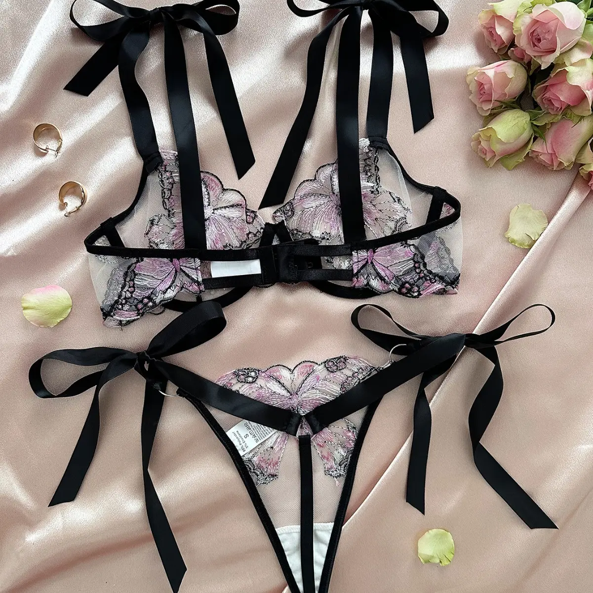 Women's Mesh Lingerie Outfits Butterfly Embroidery Tie Strap Bra + Low Waist Thong Babydoll Sleepwear