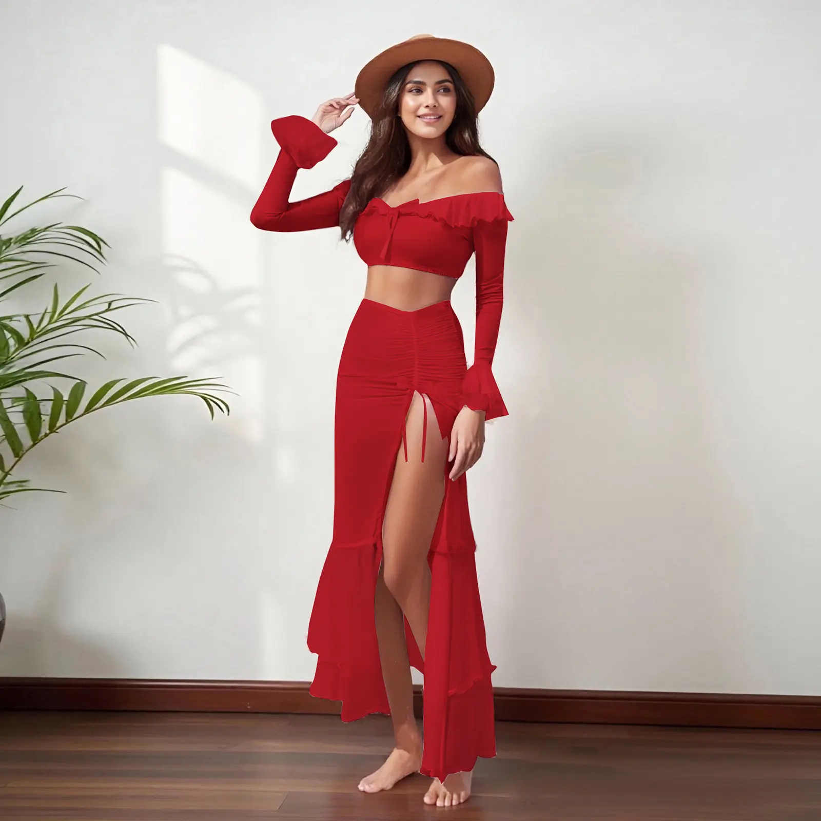 Women Mesh Outfits Bow Off Shoulder Long Flare Sleeve Crop Tops High Split Skirt G-String Thongs 3Pcs Lingerie Set