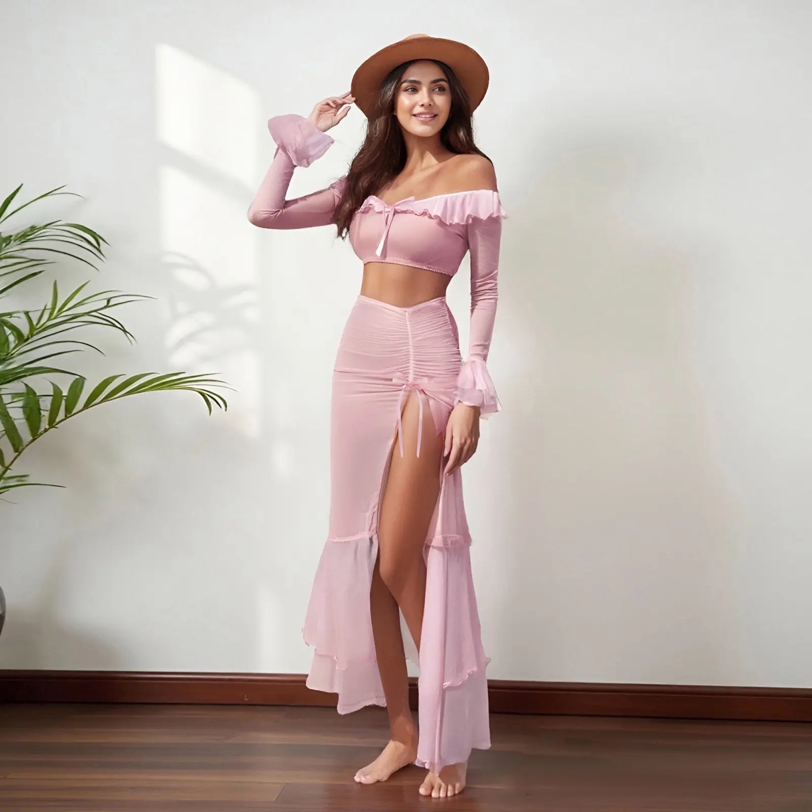 Women Mesh Outfits Bow Off Shoulder Long Flare Sleeve Crop Tops High Split Skirt G-String Thongs 3Pcs Lingerie Set