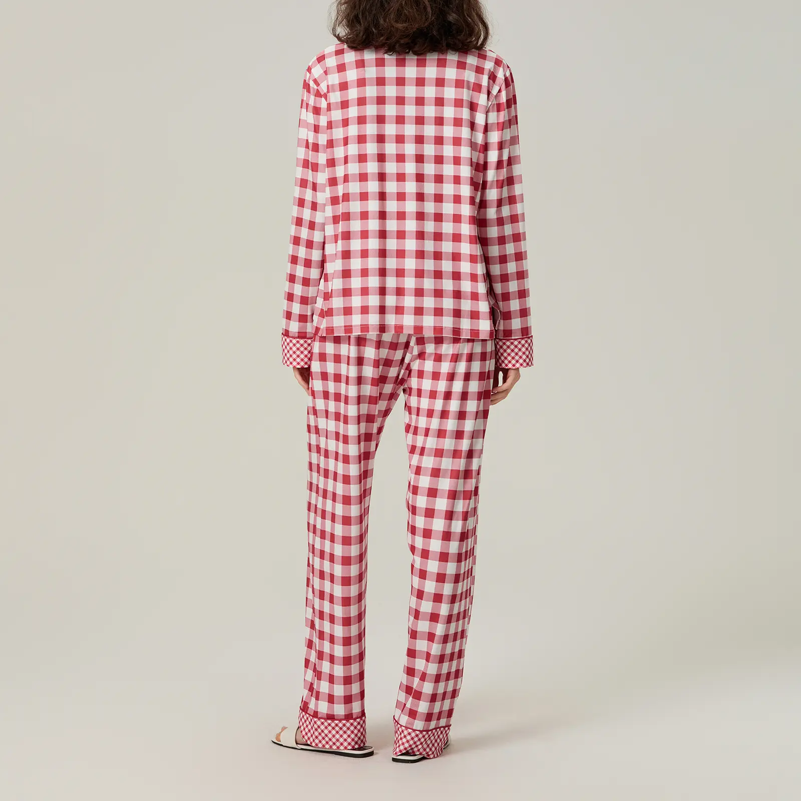 Women Fall Pajamas Sets Plaid Pattern Long Sleeve V-Neck Tops with Wide Leg Pants Lounge Wear 2 Pcs Set