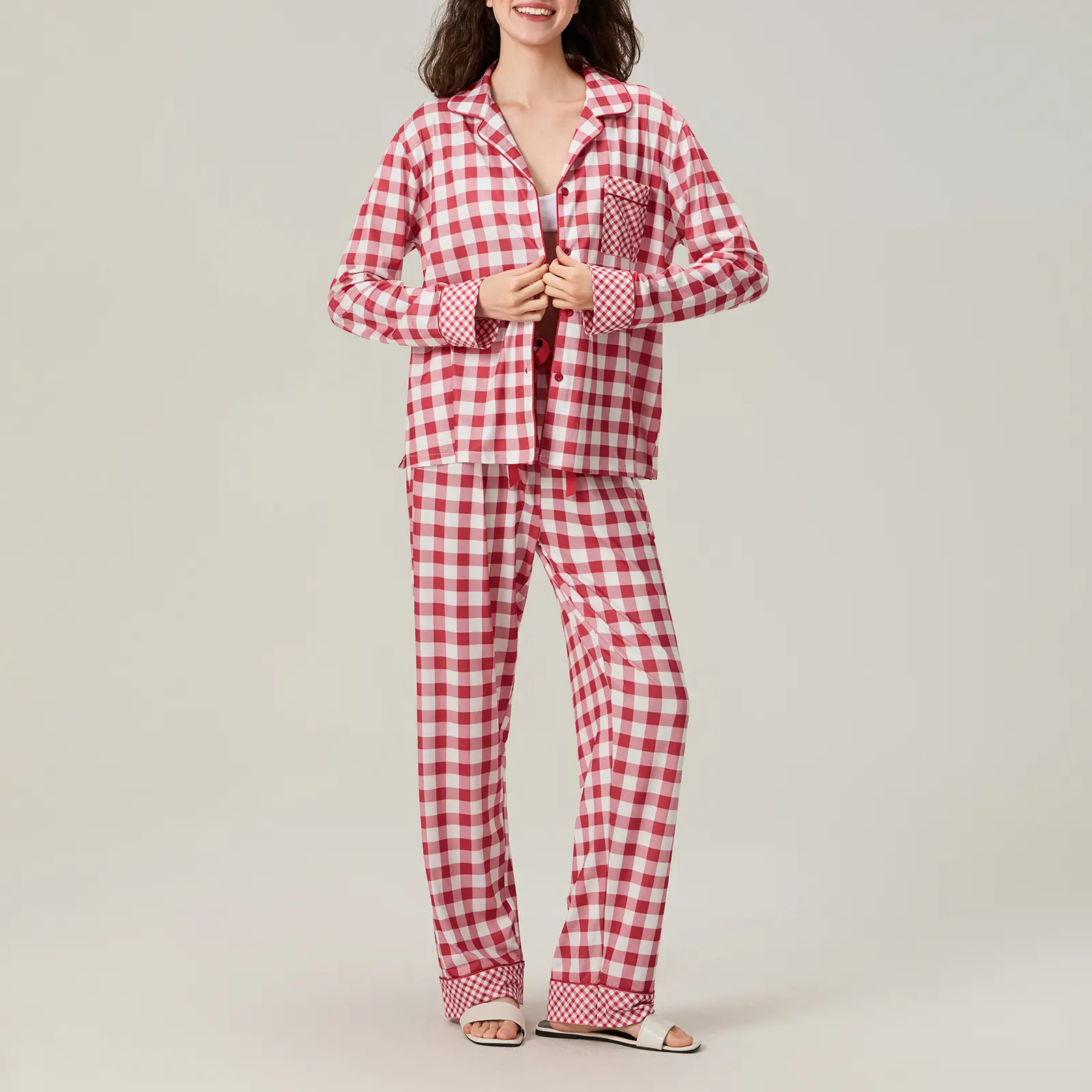 Women Fall Pajamas Sets Plaid Pattern Long Sleeve V-Neck Tops with Wide Leg Pants Lounge Wear 2 Pcs Set