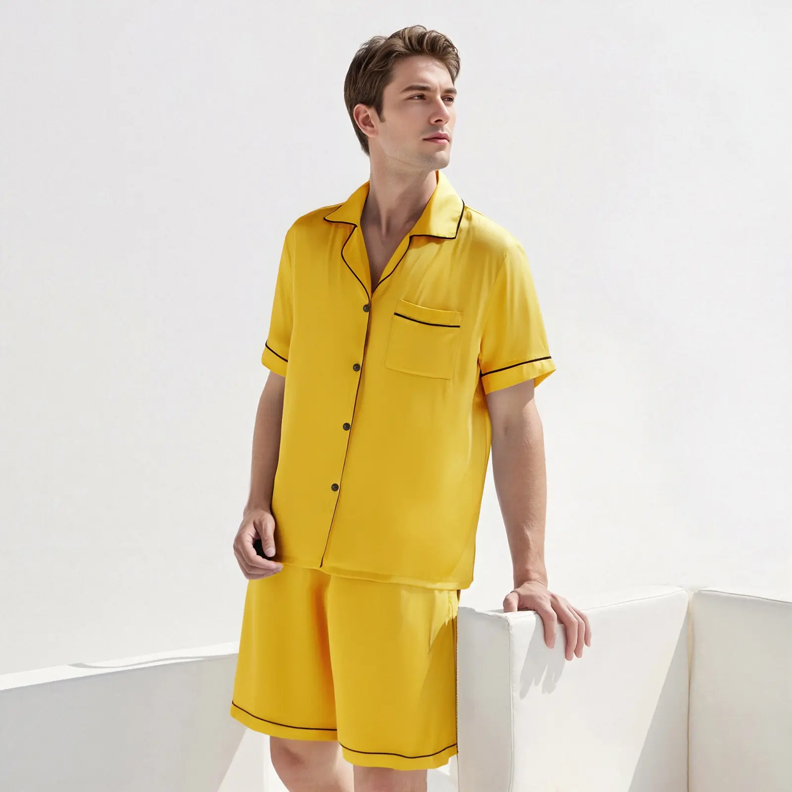 Family Matching Pajamas Summer Solid Colors Short Sleeves Shirt and Elastic Shorts for Loungewear Soft Sleepwear