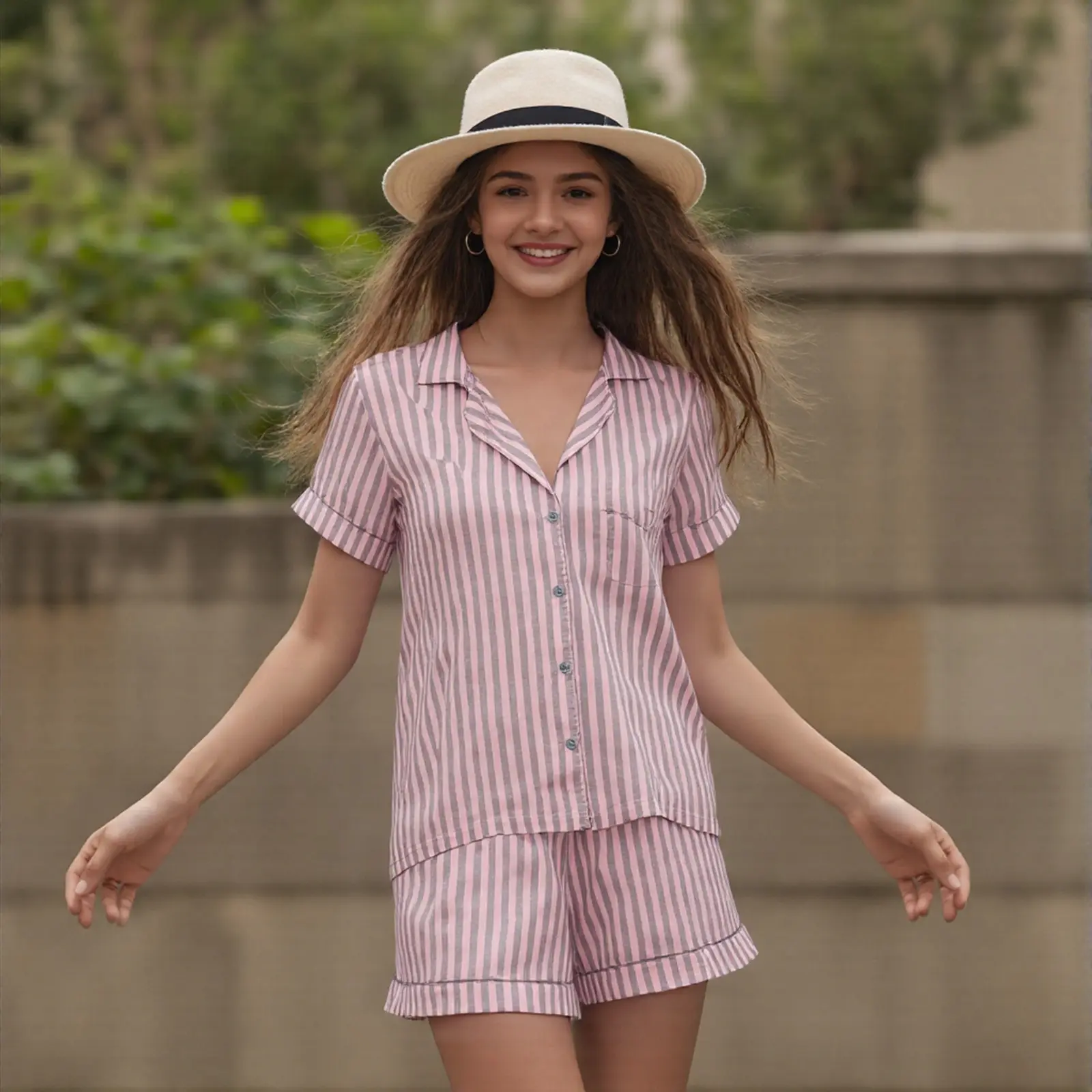 Women's Summer Satin Loungewear Set Stripe Print Short Sleeve Lapel Tops with Elastic Waist Shorts Sleepwear