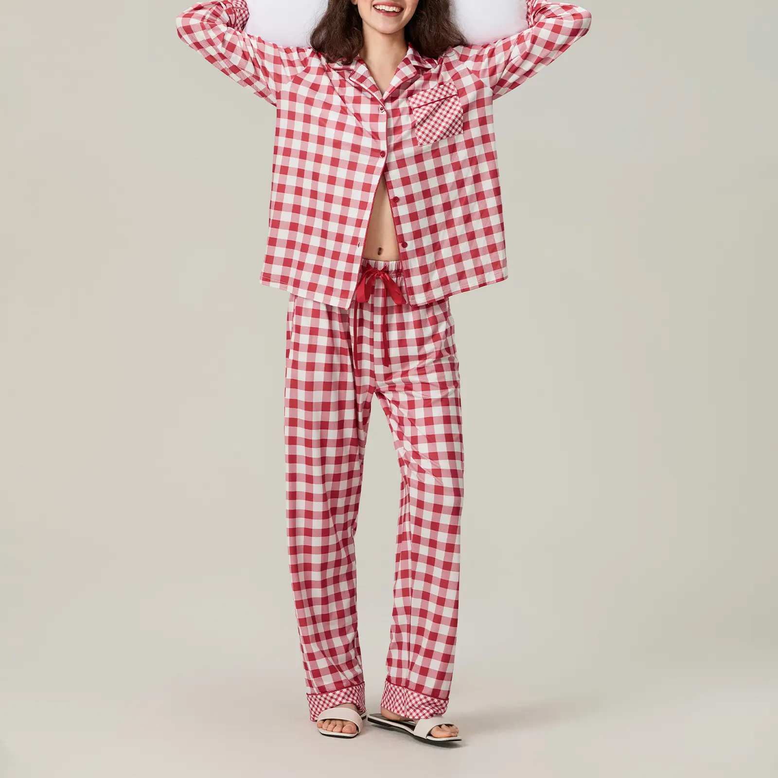 Women Fall Pajamas Sets Plaid Pattern Long Sleeve V-Neck Tops with Wide Leg Pants Lounge Wear 2 Pcs Set