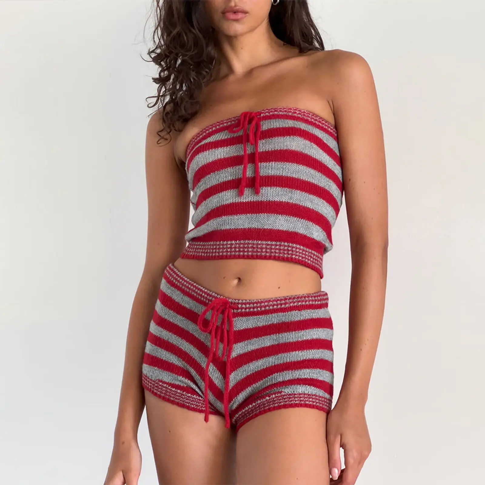 Women's 2 Piece Knit Set, Striped Off Shoulder Crop Tube Tops Drawstring Shorts Summer Outfits for Party Club