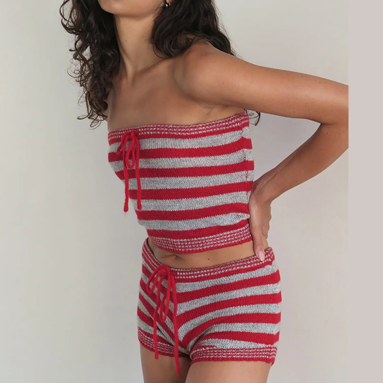 Women's 2 Piece Knit Set, Striped Off Shoulder Crop Tube Tops Drawstring Shorts Summer Outfits for Party Club