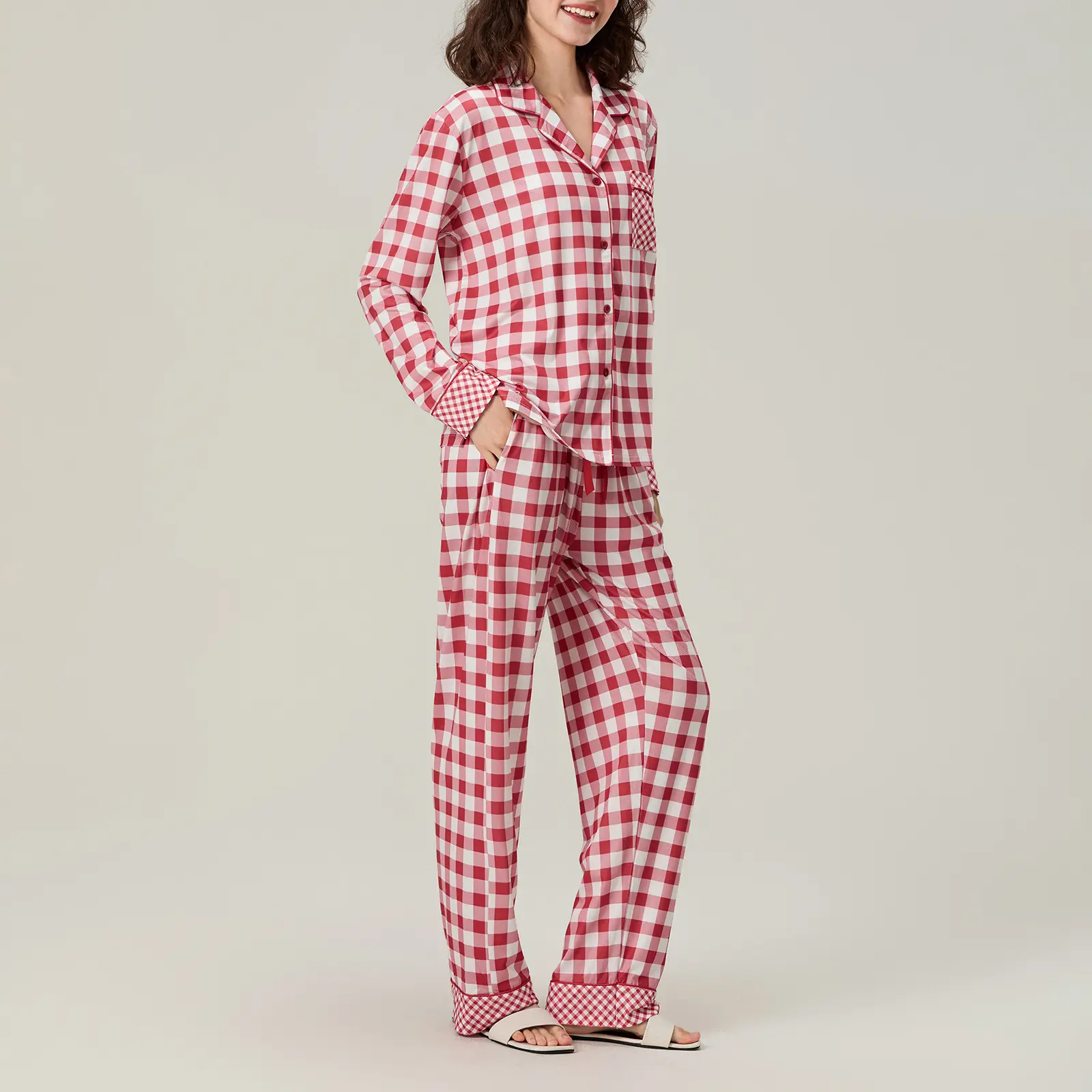 Women Fall Pajamas Sets Plaid Pattern Long Sleeve V-Neck Tops with Wide Leg Pants Lounge Wear 2 Pcs Set