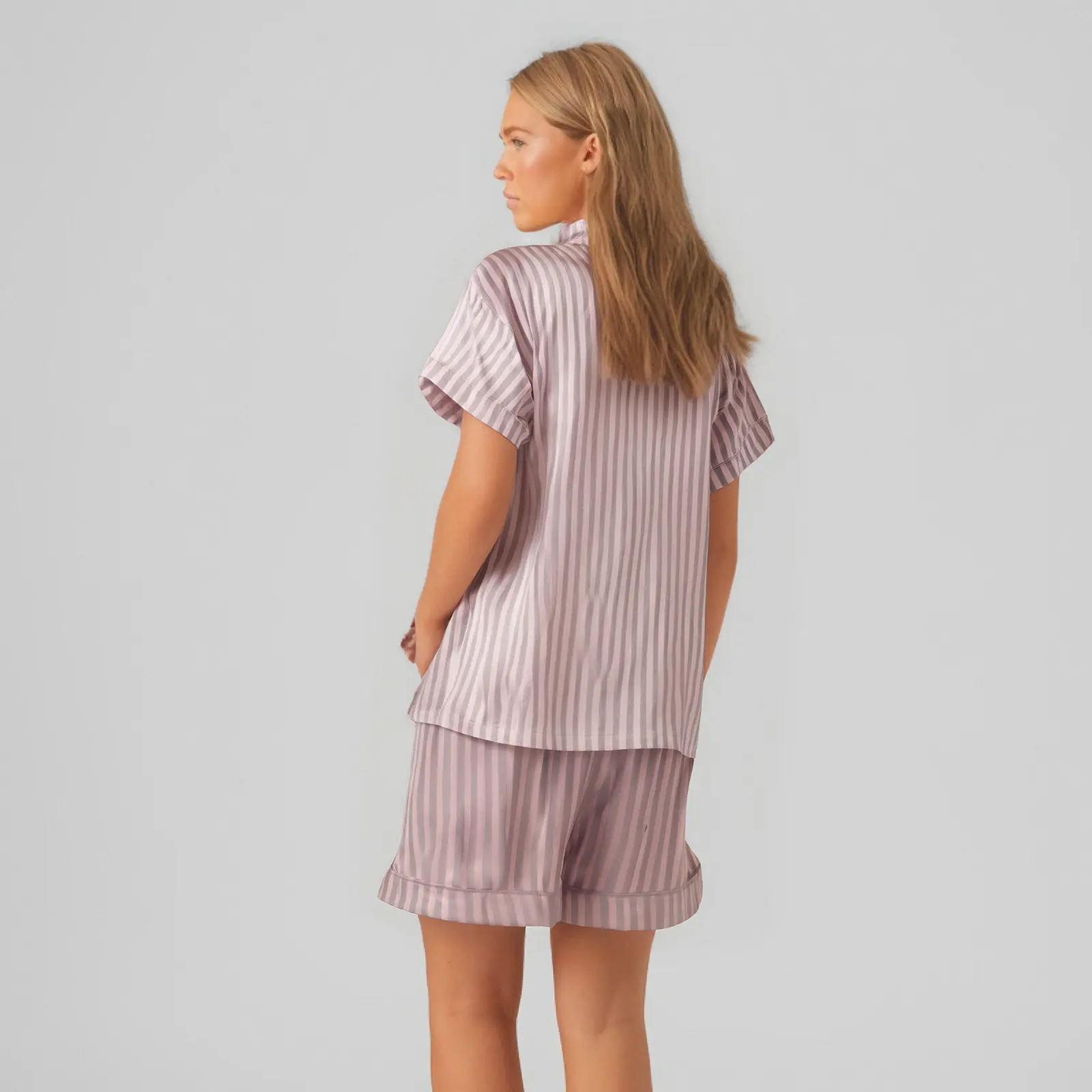 Women's Summer Satin Loungewear Set Stripe Print Short Sleeve Lapel Tops with Elastic Waist Shorts Sleepwear