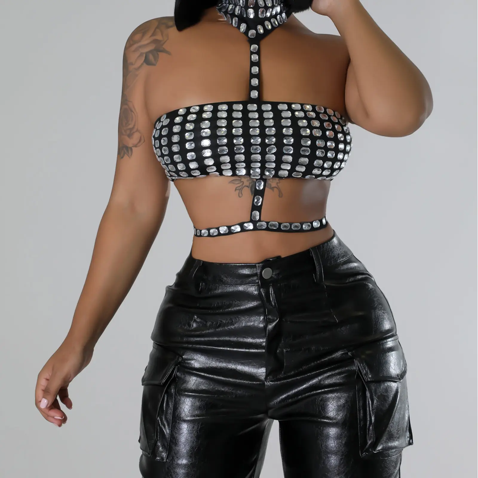 Women's Halter Tank Tops Shiny Rhinestone Sleeveless Back Tie-up Vest Slim Fit Crop Streetwear