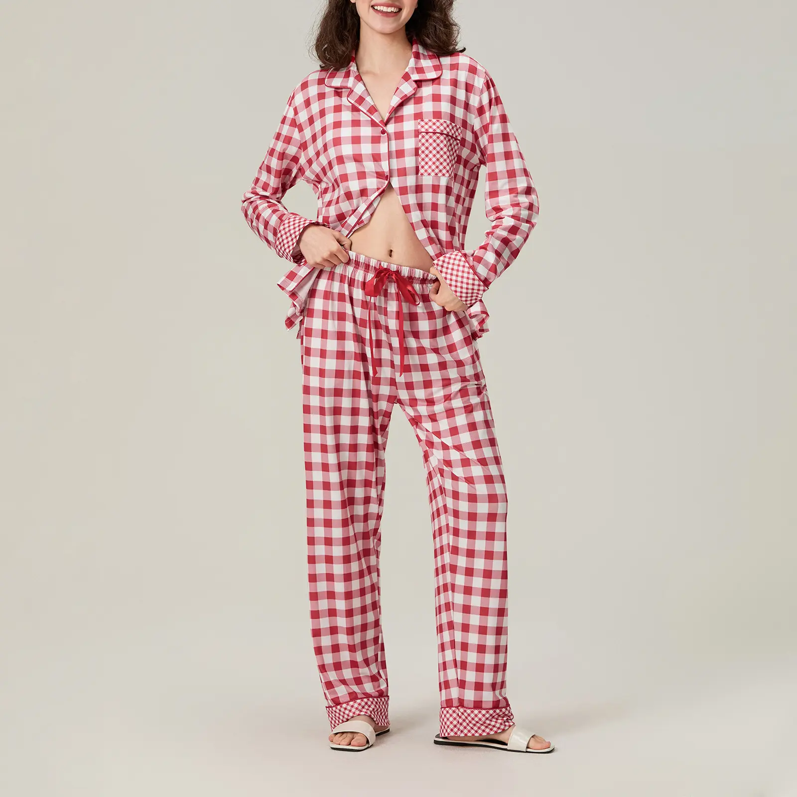 Women Fall Pajamas Sets Plaid Pattern Long Sleeve V-Neck Tops with Wide Leg Pants Lounge Wear 2 Pcs Set