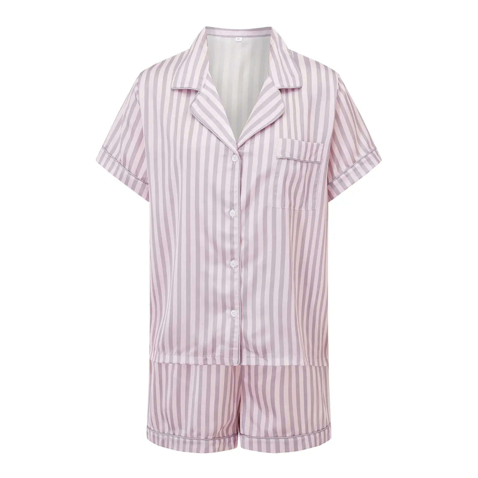 Women's Summer Satin Loungewear Set Stripe Print Short Sleeve Lapel Tops with Elastic Waist Shorts Sleepwear
