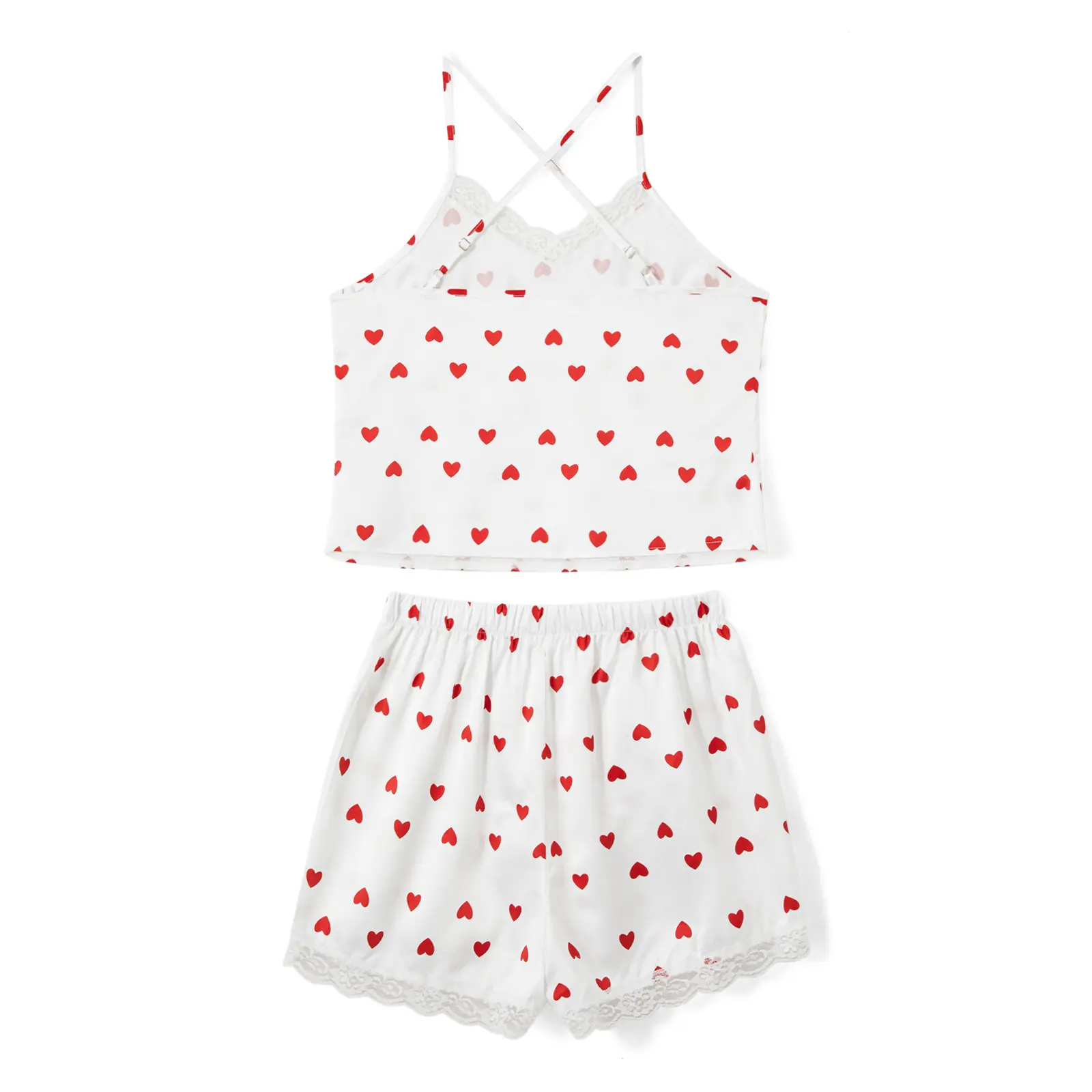 Women Pajama Set, Heart Print Lace Trim Sleeveless Camisole with Shorts Sleepwear Loungewear