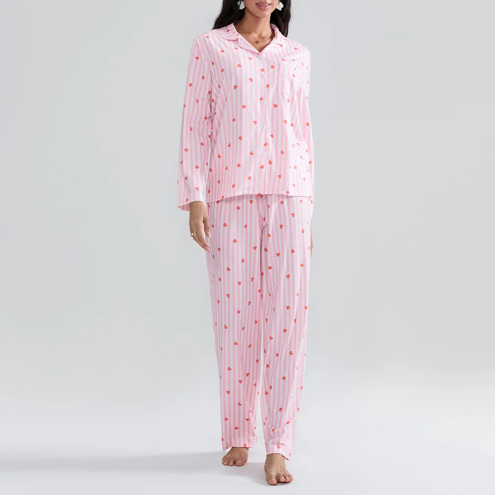 Women's Fall Loungewear Set Stripe Heart Print Long Sleeve Lapel Button Shirt with Pants Sleepwear