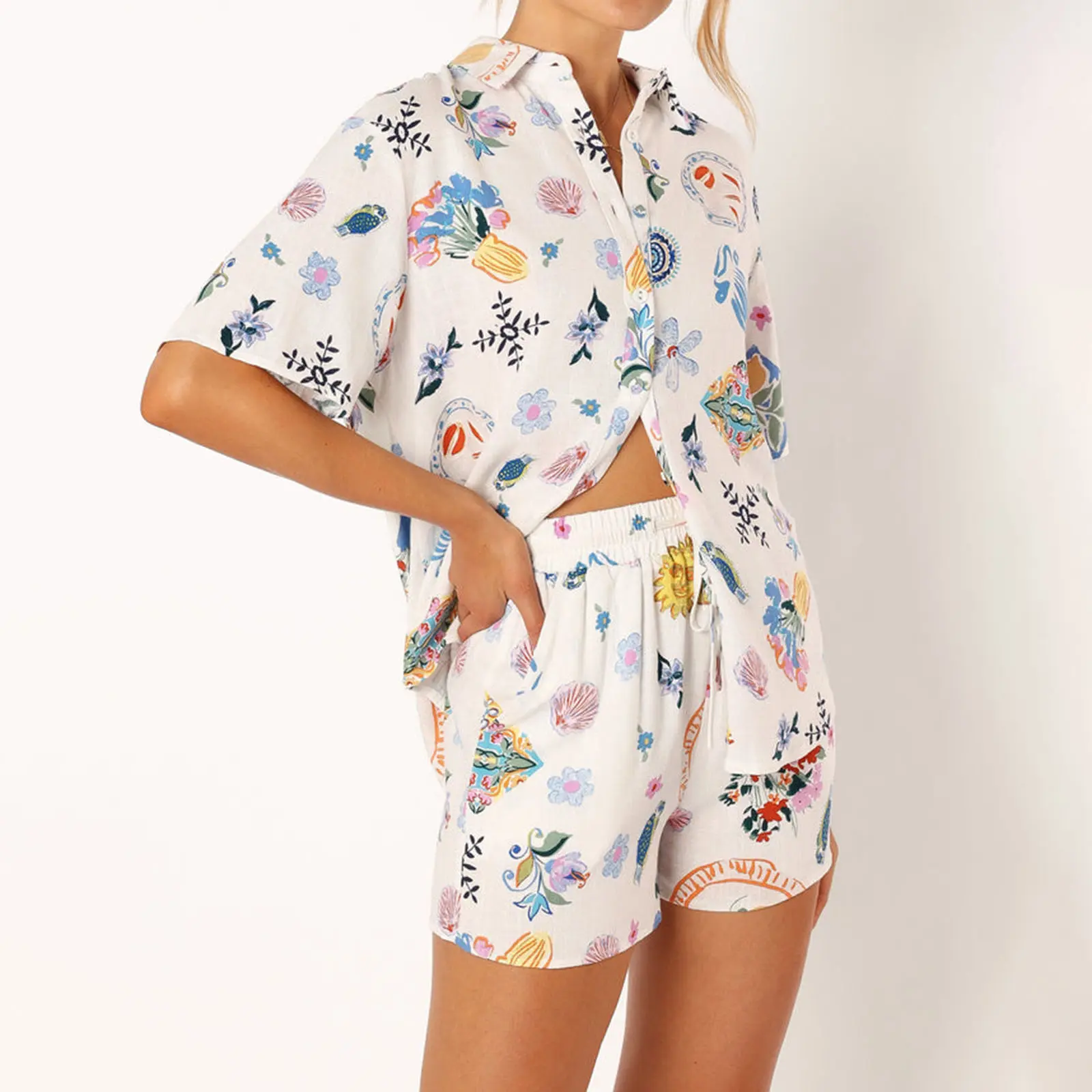 Women's 2 Piece Lounge Set Short Sleeve Lapel Pattern Print Shirt Shorts Sleepwear Sets