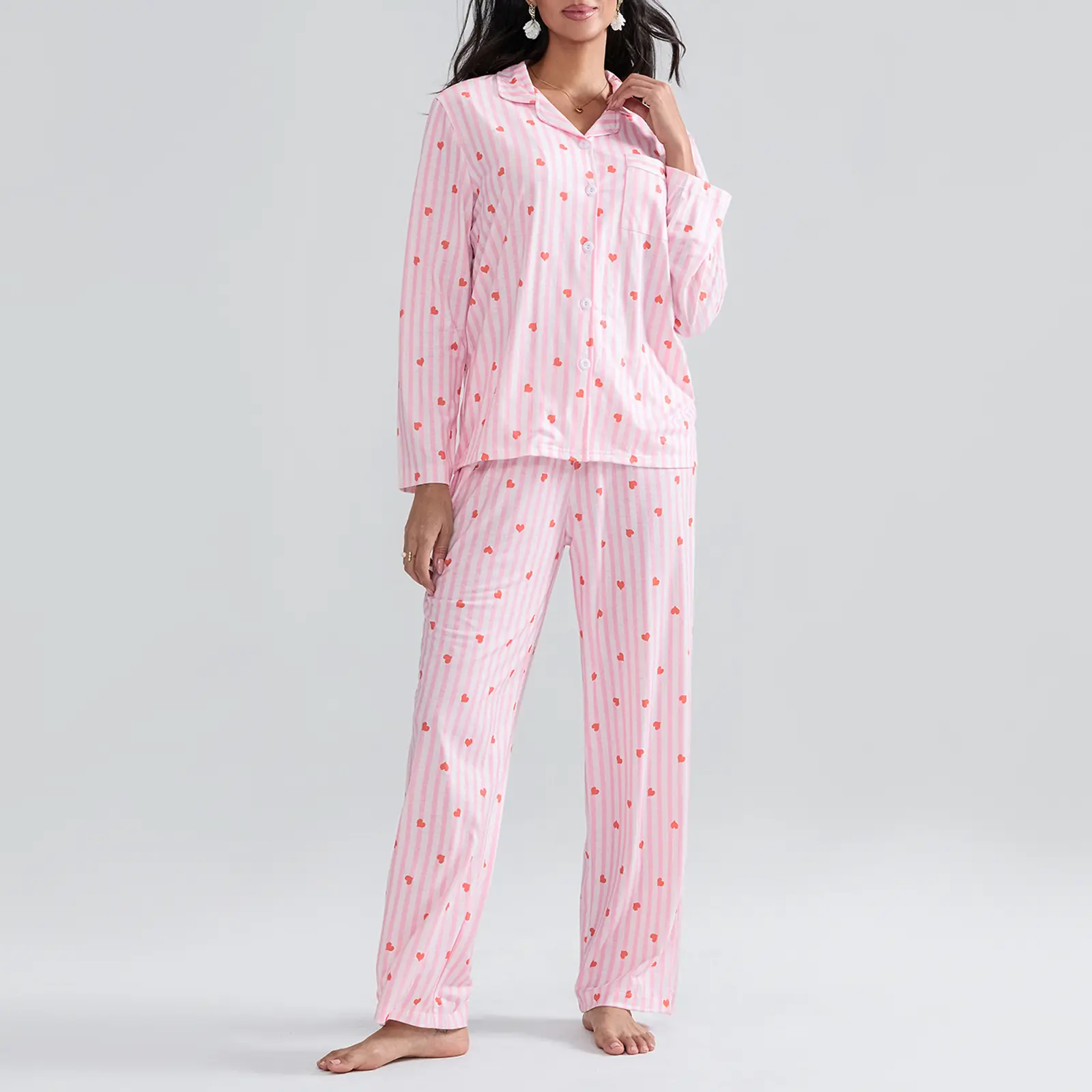 Women's Fall Loungewear Set Stripe Heart Print Long Sleeve Lapel Button Shirt with Pants Sleepwear