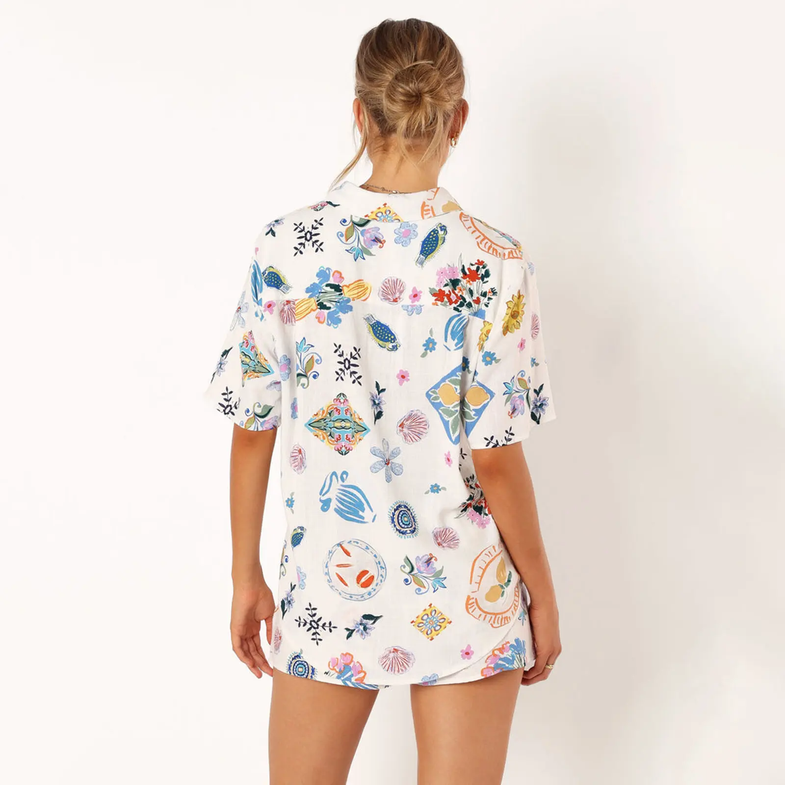 Women's 2 Piece Lounge Set Short Sleeve Lapel Pattern Print Shirt Shorts Sleepwear Sets