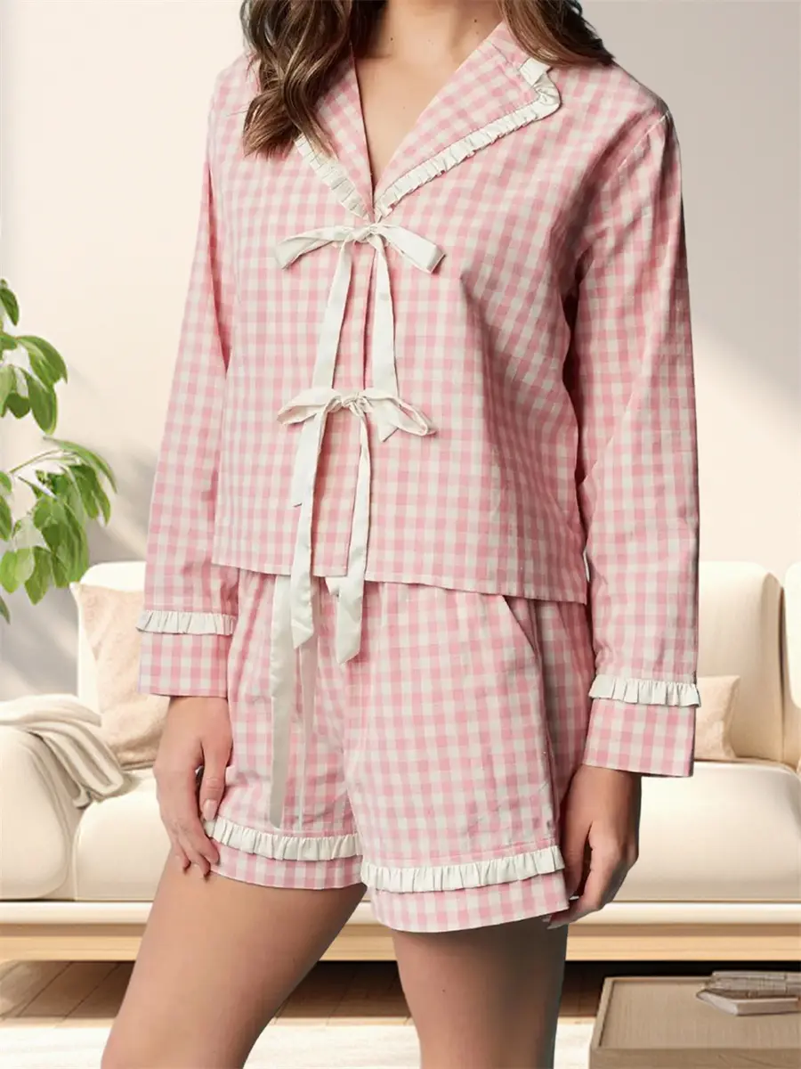 Women Plaid Pajama Set Tie Front Frill Trim Lapel Neck Long Sleeve Tops Elastic Waist Shorts 2 Piece Sleepwear Outfit
