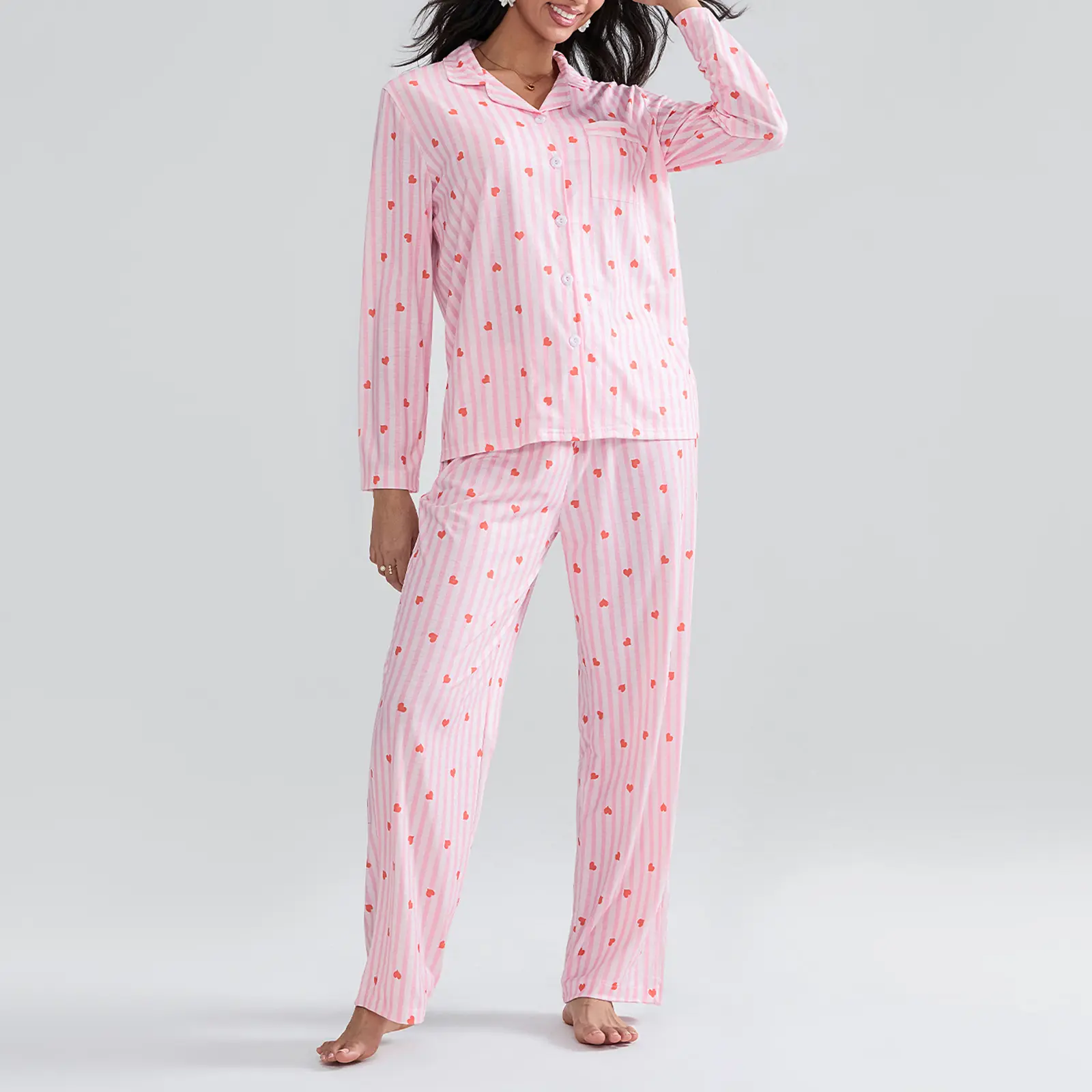 Women's Fall Loungewear Set Stripe Heart Print Long Sleeve Lapel Button Shirt with Pants Sleepwear