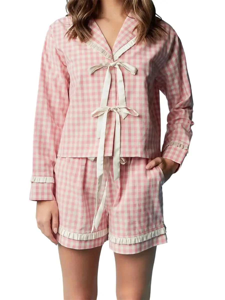 Women Plaid Pajama Set Tie Front Frill Trim Lapel Neck Long Sleeve Tops Elastic Waist Shorts 2 Piece Sleepwear Outfit