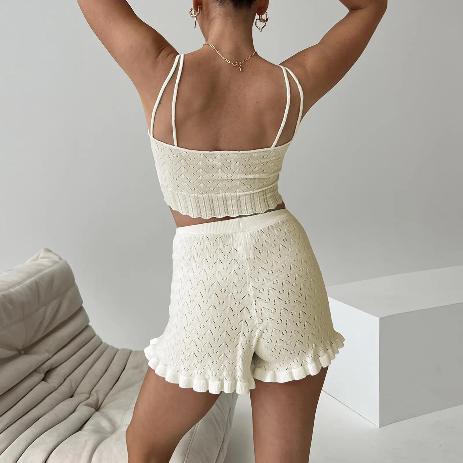 Women's 2 Piece Lounge Set White Sleeveless Cami Tops Knit Shorts Sleepwear Sets